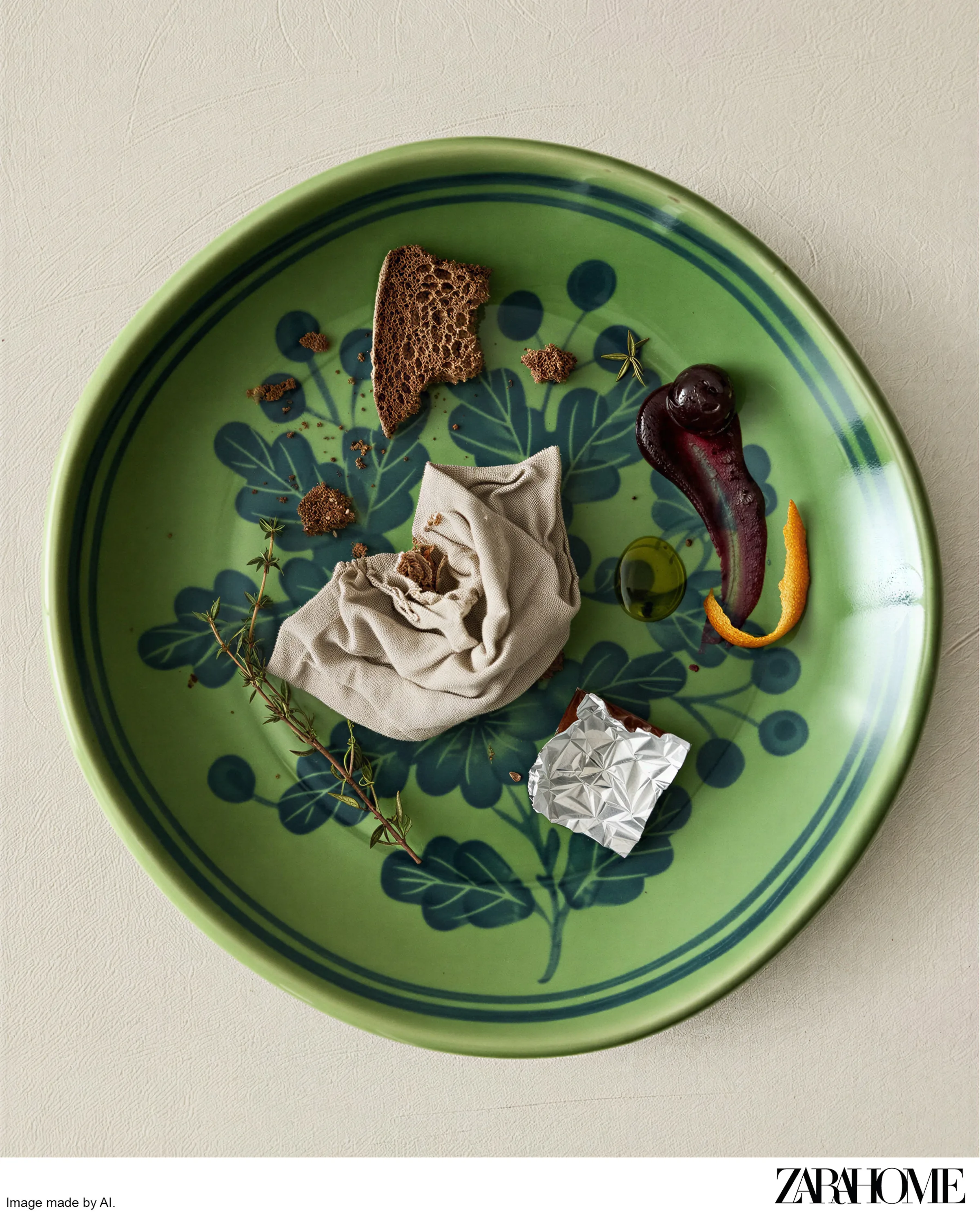 AI image of a green floral ceramic plate with bread, linen napkin, foil, orange peel and olive oil. Zara Home AI Concept.