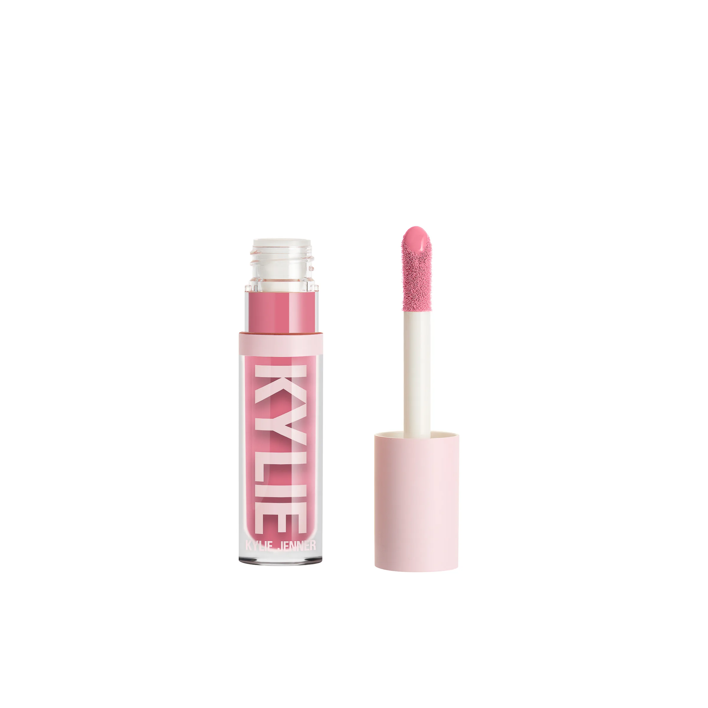 Pink lip gloss tube with its doe-foot applicator standing beside it on a white background, for Kylie Cosmetics.