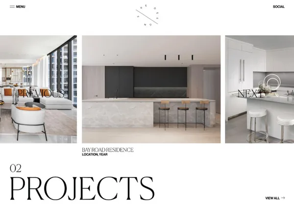 Website projects carousel showing a kitchen with marble island and bar stools, Bay Road Residence, for Sire Design.