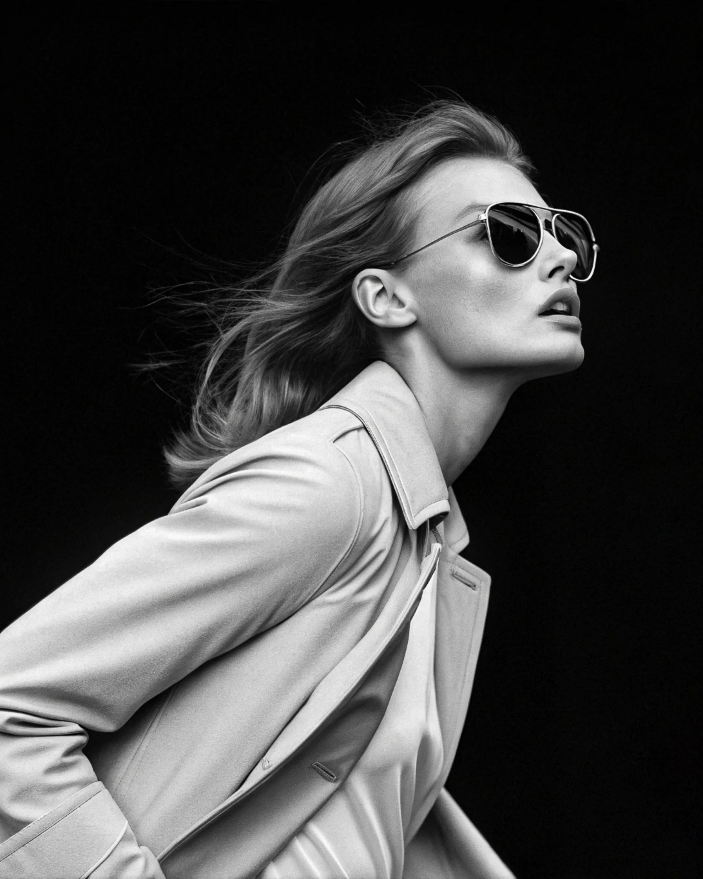 Black-and-white AI image of a windswept woman in aviator sunglasses and a light trench coat on black. Persol AI Concept.