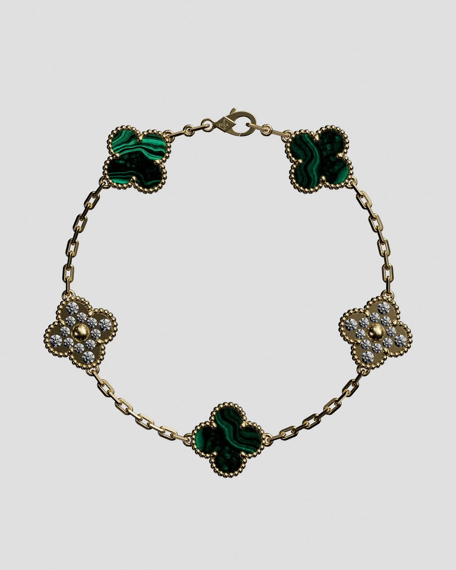 CGI render of a gold clover bracelet with malachite and diamond-set motifs on a grey background, for Van Cleef & Arpels.