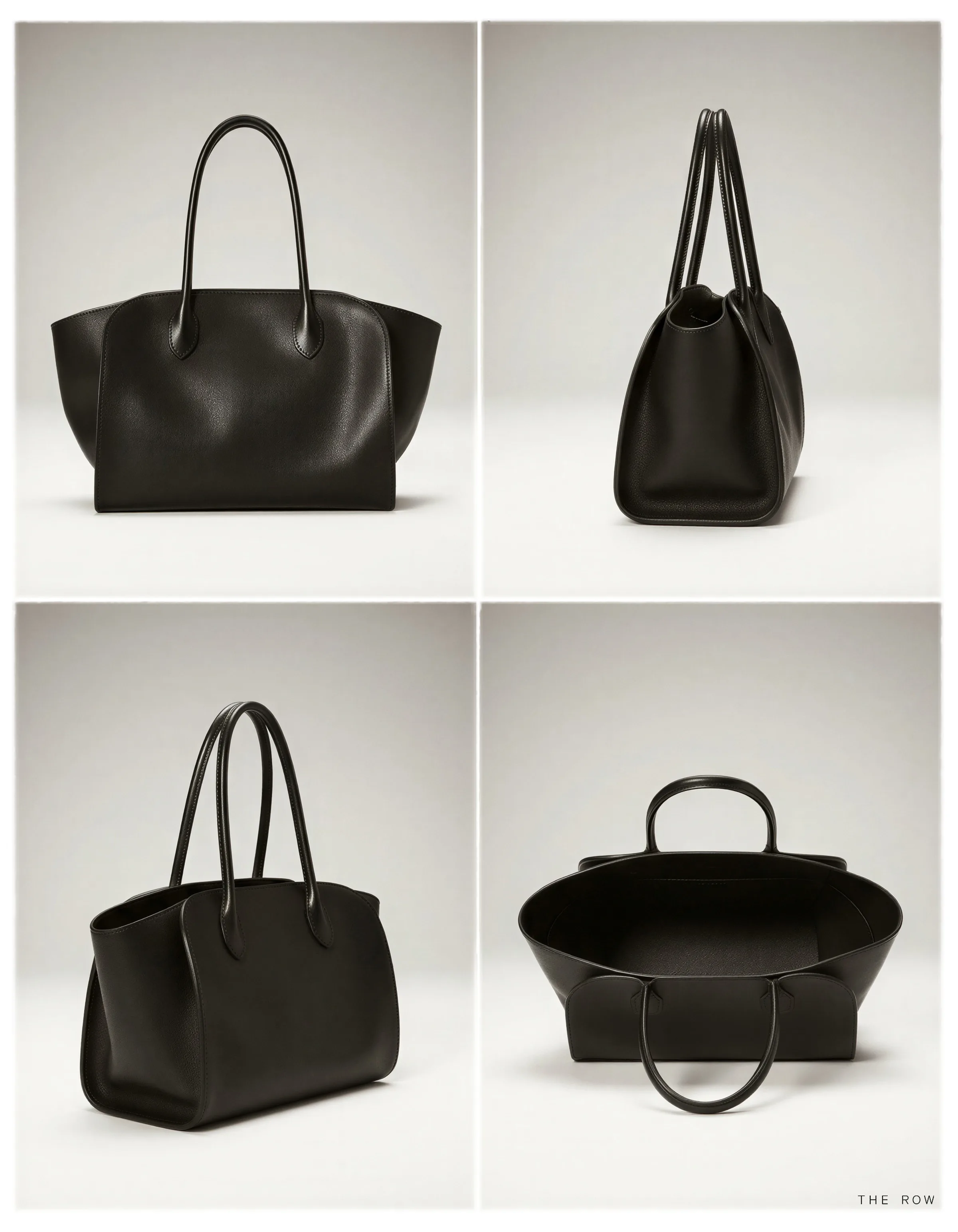 AI image of a black leather tote bag shown from four angles on a grey backdrop. The Row AI Concept.