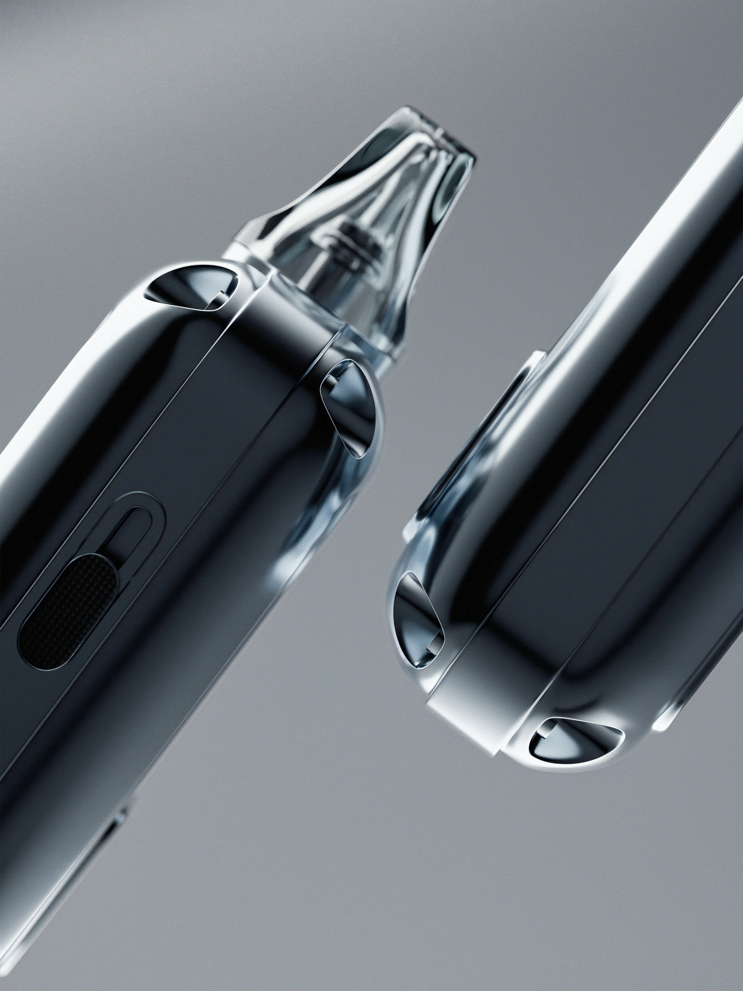CGI render of two glossy chrome vape devices with clear mouthpiece angled against a grey gradient background, for Rill.