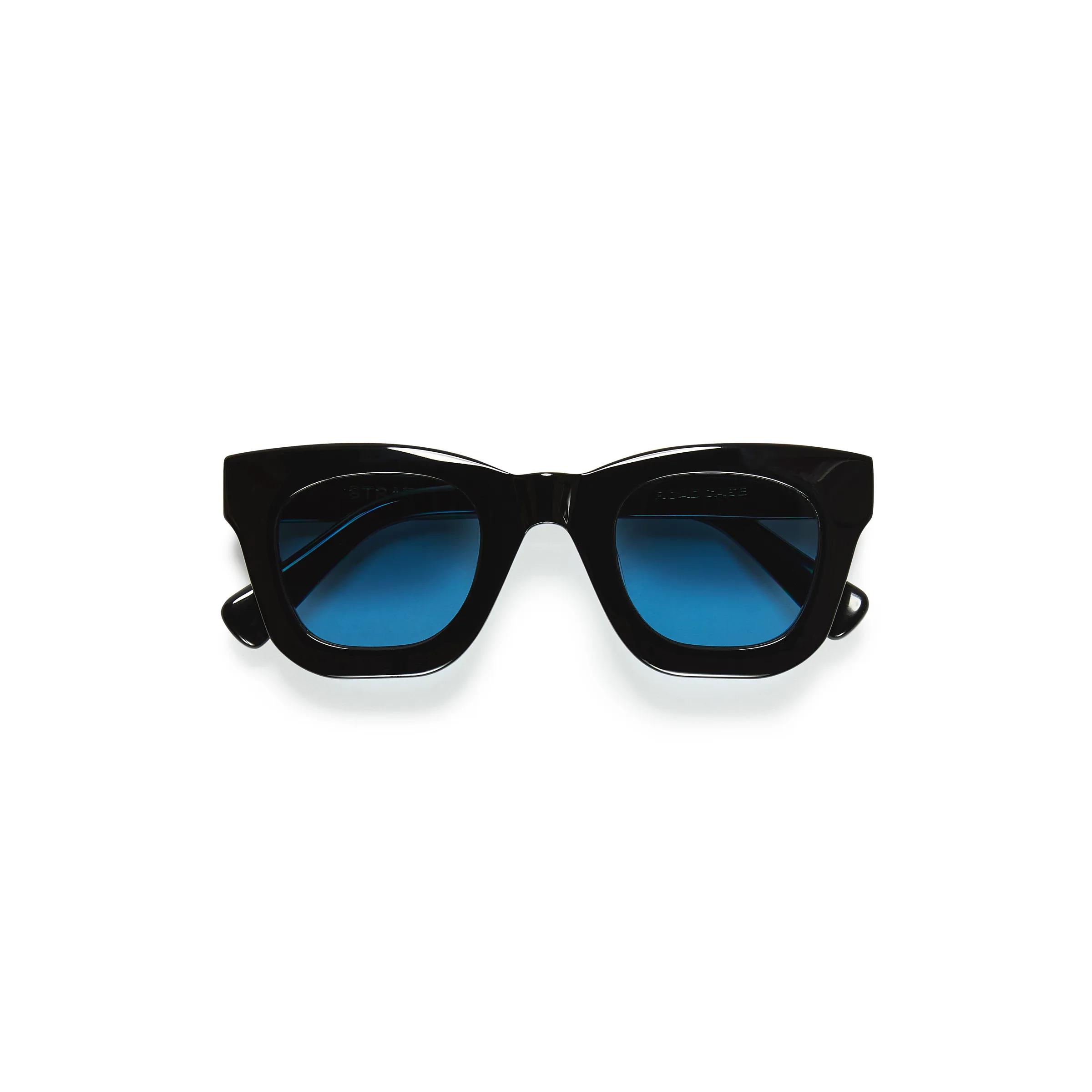 Black acetate Roadcase sunglasses with sky blue lenses, folded flat on a white background, for Strata.