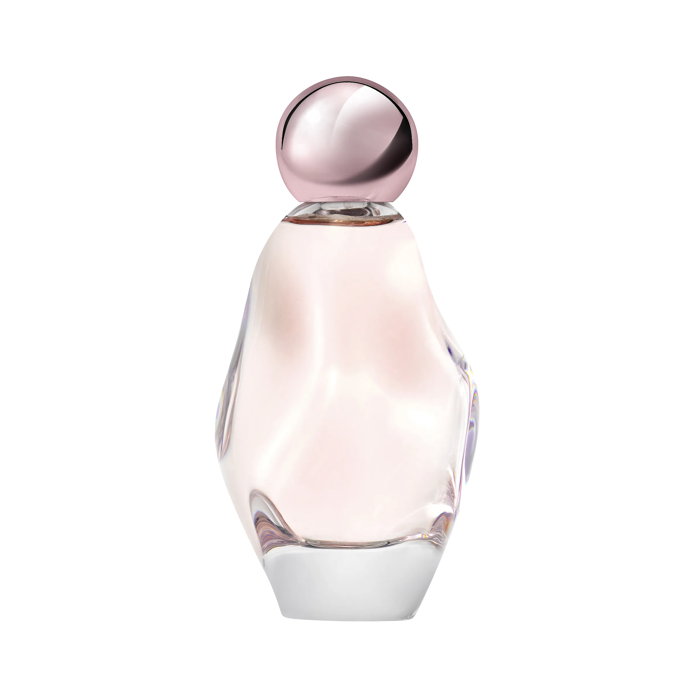 Sculpted clear glass perfume bottle with pale pink tint and rose-gold sphere cap on white, for Kylie Cosmetics.