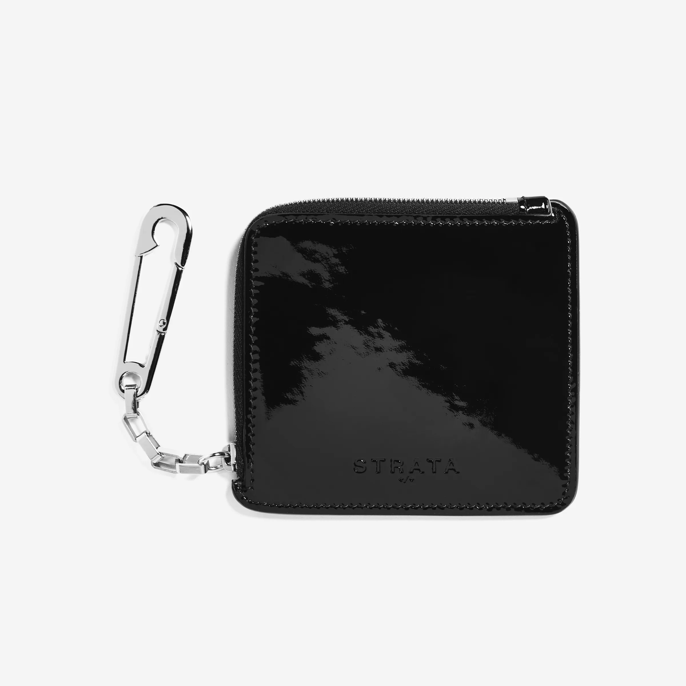 Black patent leather zip wallet with silver safety pin clip and chain on a white background, for Strata.