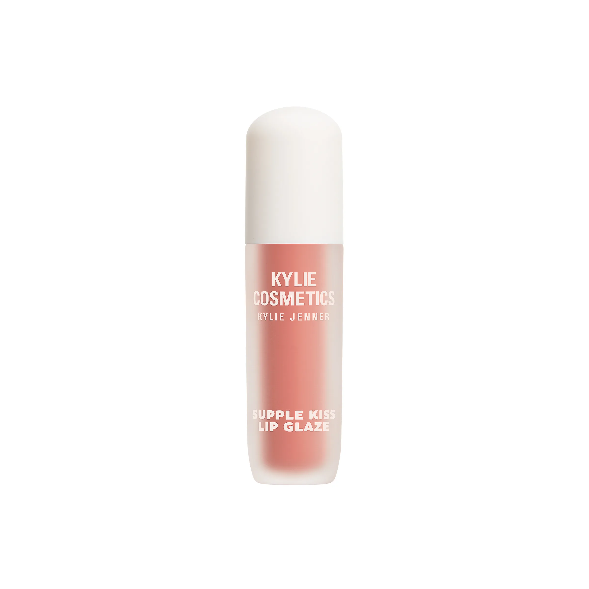 Peach Supple Kiss Lip Glaze tube with frosted body and white cap on a white background, for Kylie Cosmetics.