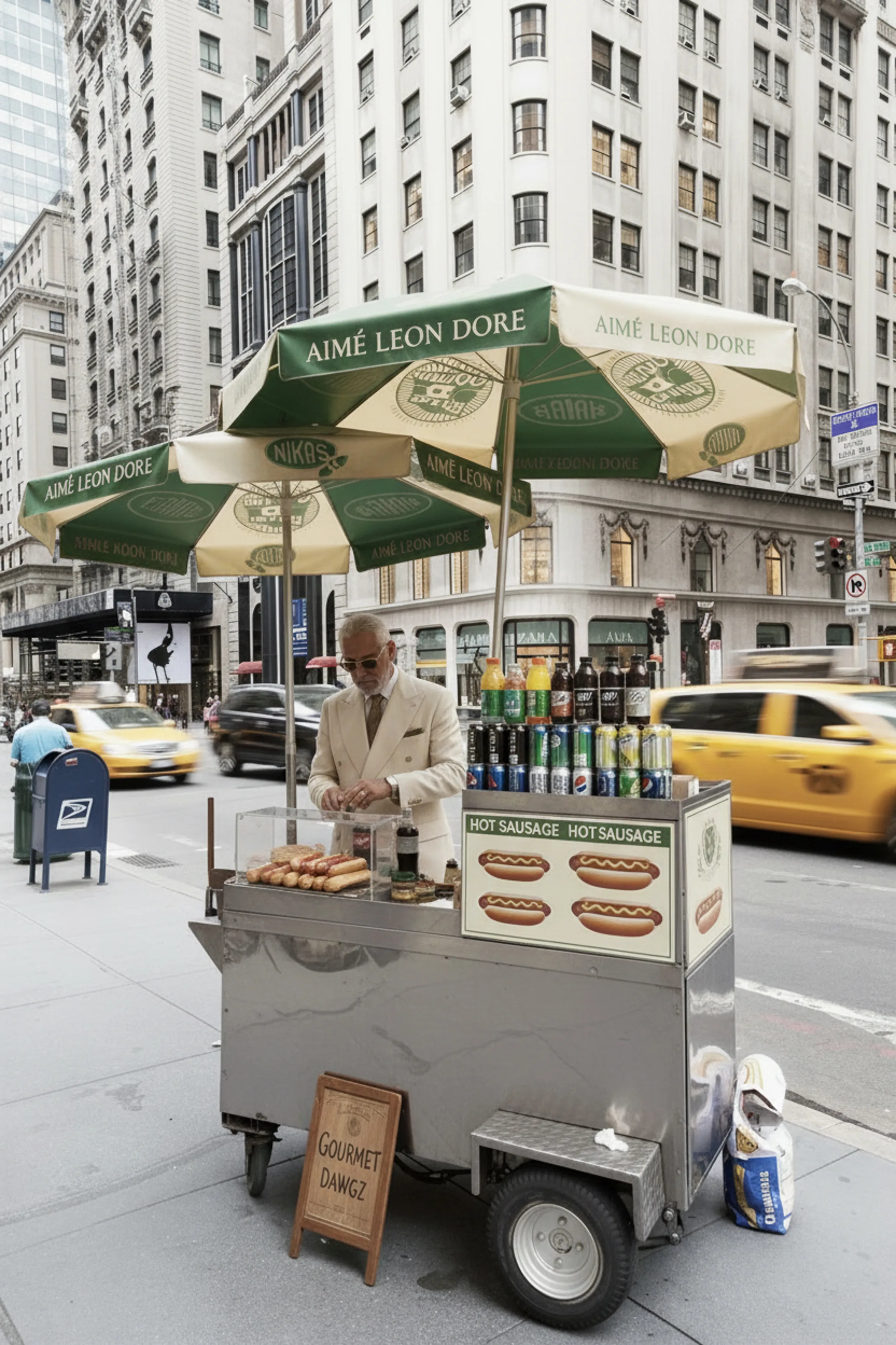 AI image of a man in a cream suit at a Manhattan hot dog cart under green branded umbrellas. Aimé Leon Dore AI Concept.