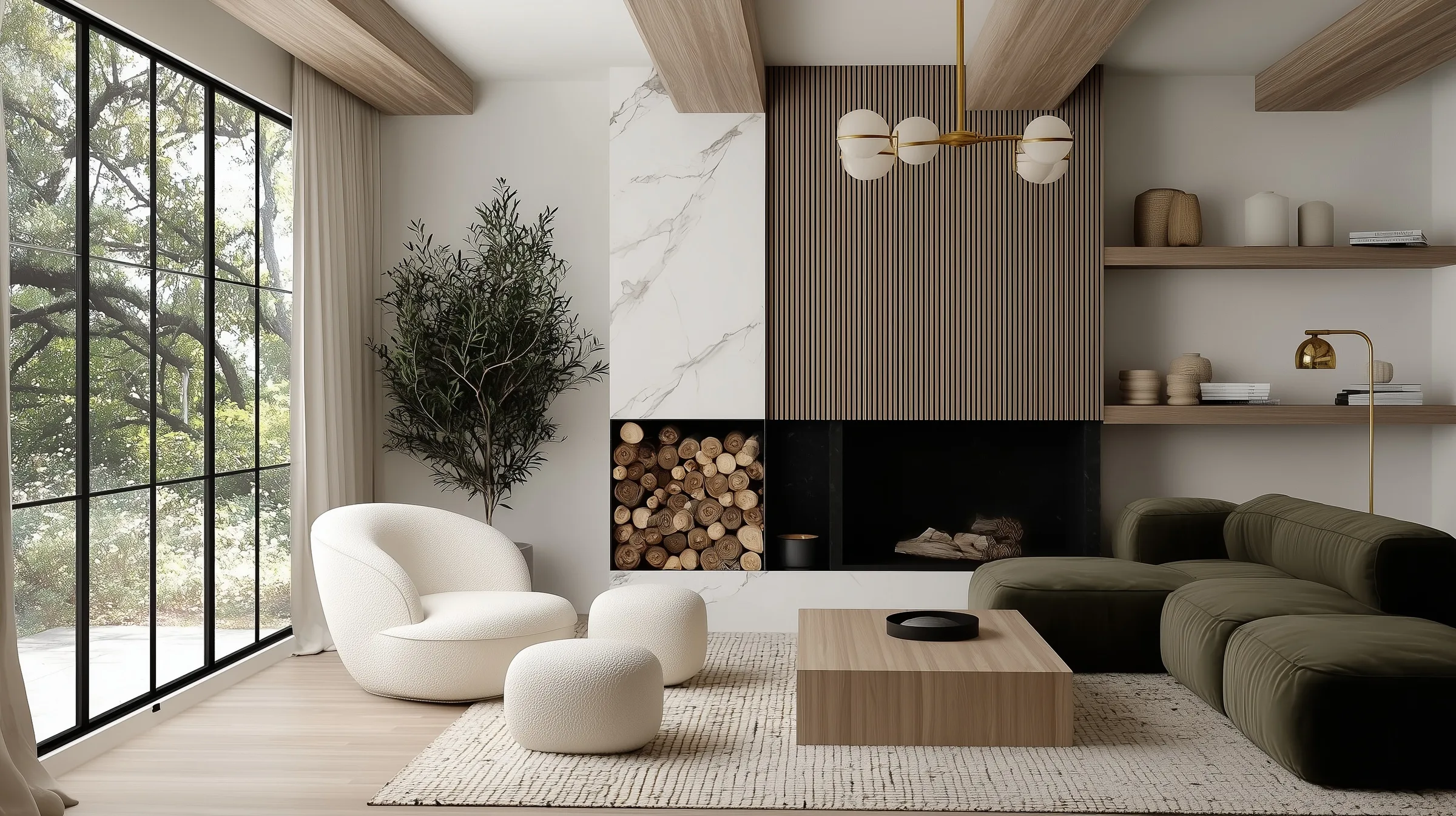 AI image of a living room with olive sectional, bouclé chair, slatted fireplace wall and tall black windows. The Shade Store AI Concept.