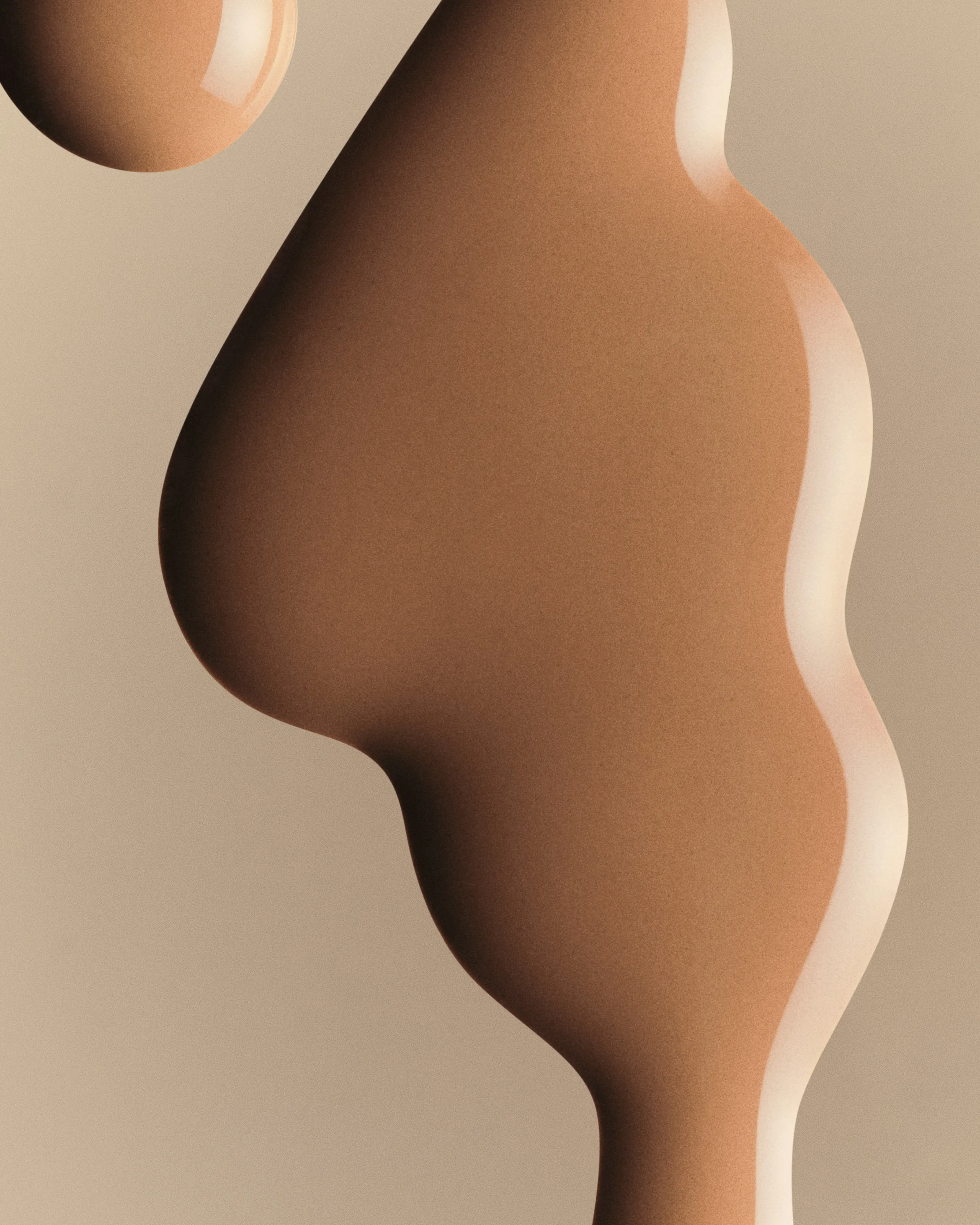 Glossy tan liquid foundation swatch flowing in an organic shape on a beige background, for Kylie Cosmetics.