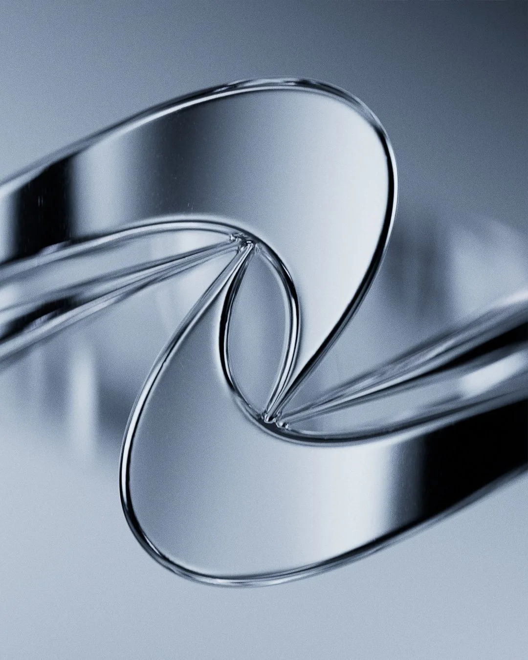 CGI render of a polished chrome ring twisting into an abstract swoosh shape on a cool grey background, for Nike.