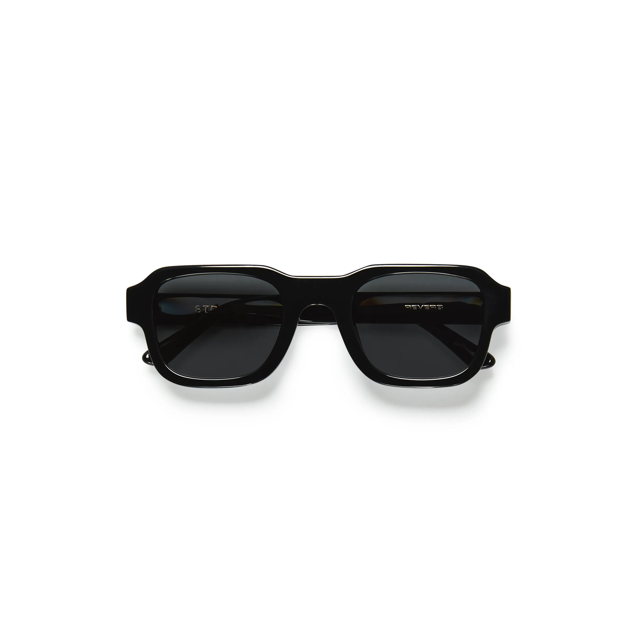 Black square-frame sunglasses with smoke lenses, folded flat on a white background, for Strata.