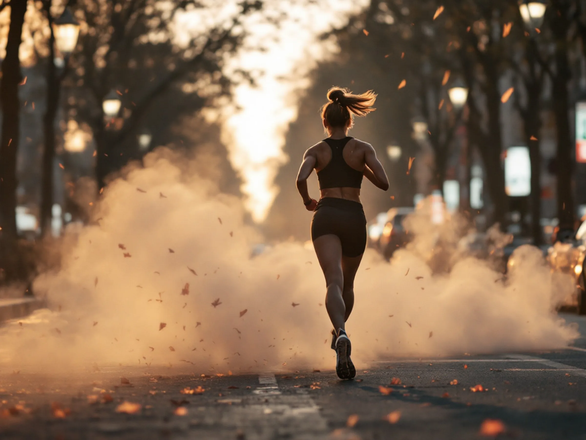 AI image of a woman running down a tree-lined street at sunset, kicking up dust and autumn leaves. Nike AI Concept.