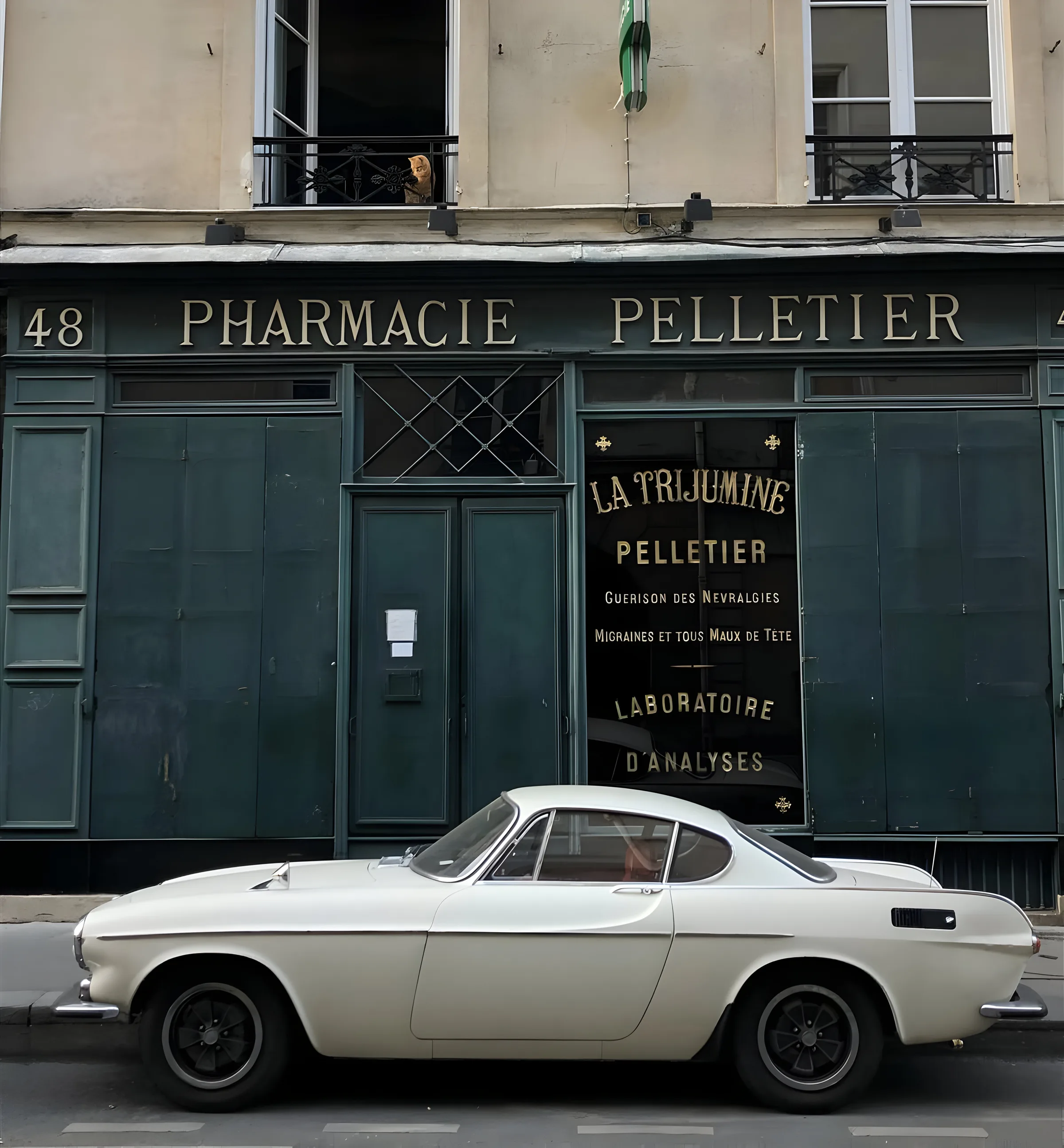 Cream vintage coupe parked outside the green storefront of Pharmacie Pelletier on a Paris street.