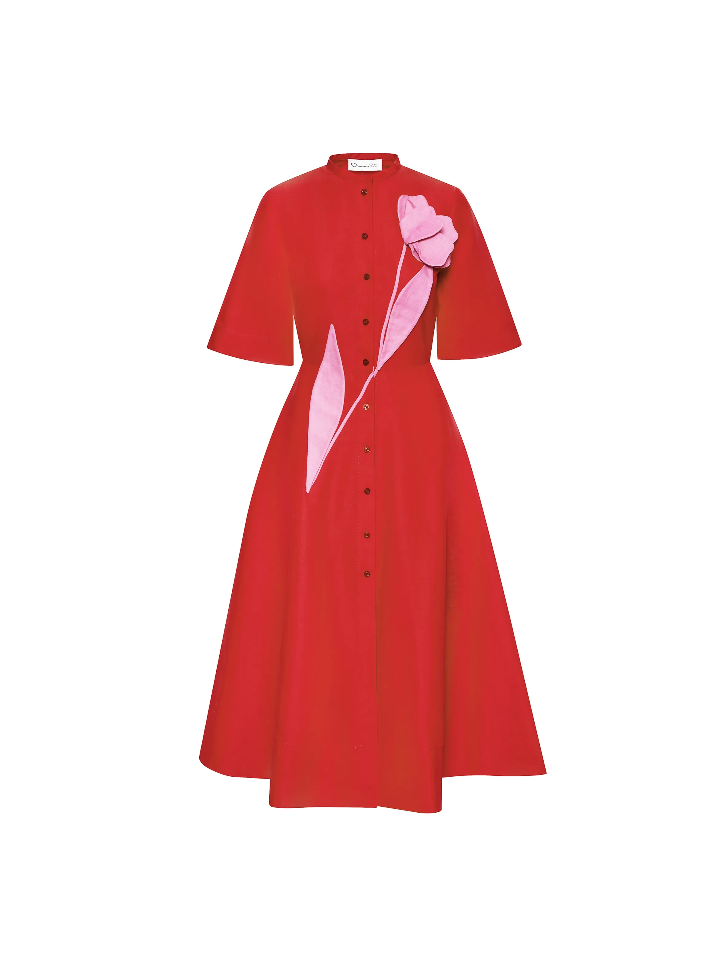 Red short-sleeve button-front midi dress with a pink tulip appliqué on a white background, for Oscar de la Renta.