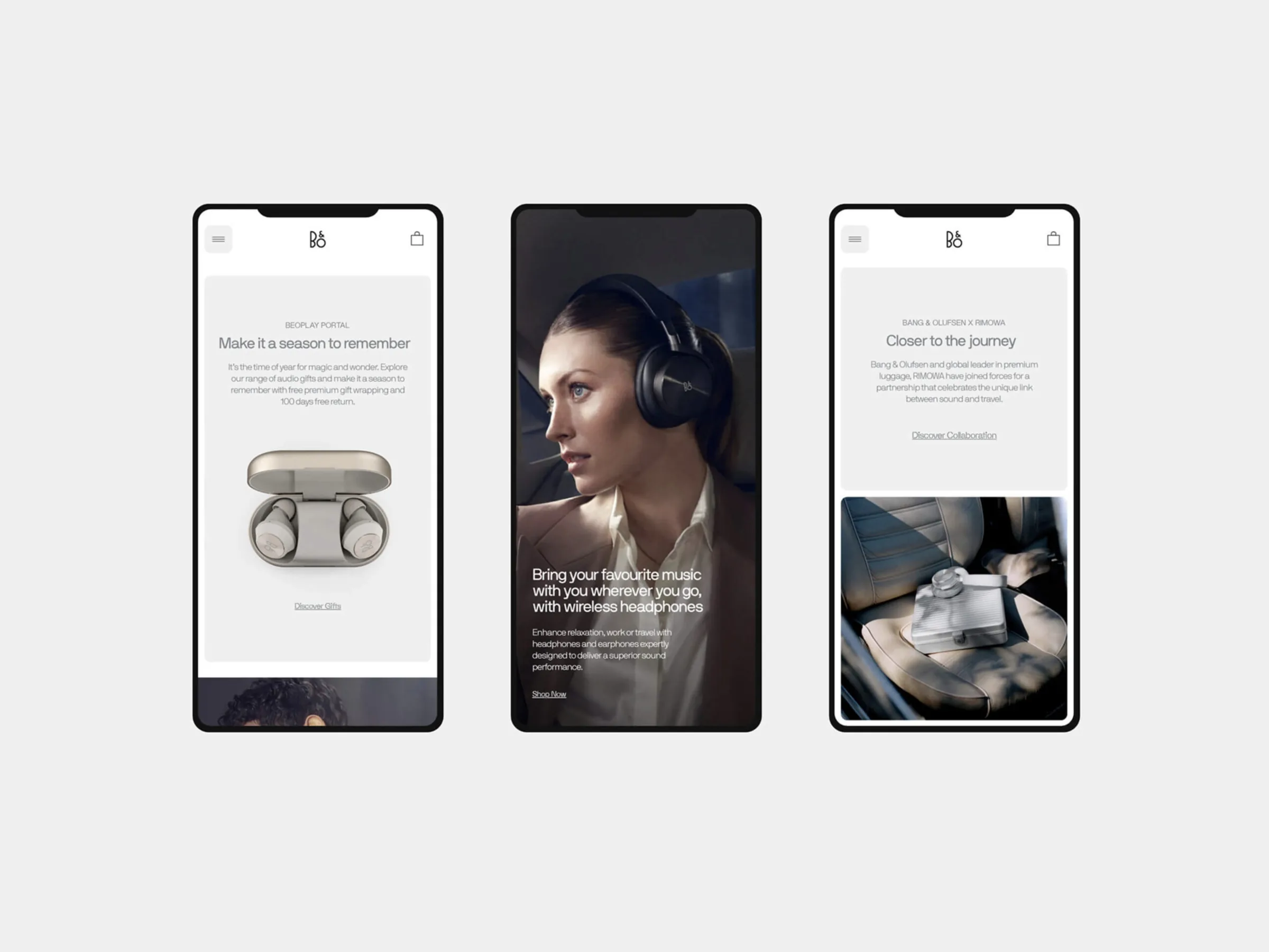 Three mobile website screens showing earbuds, a woman in wireless headphones and a RIMOWA collaboration, for Bang & Olufsen.