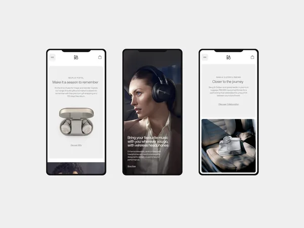 Three mobile website screens showing earbuds, a woman in wireless headphones and a RIMOWA collaboration, for Bang & Olufsen.