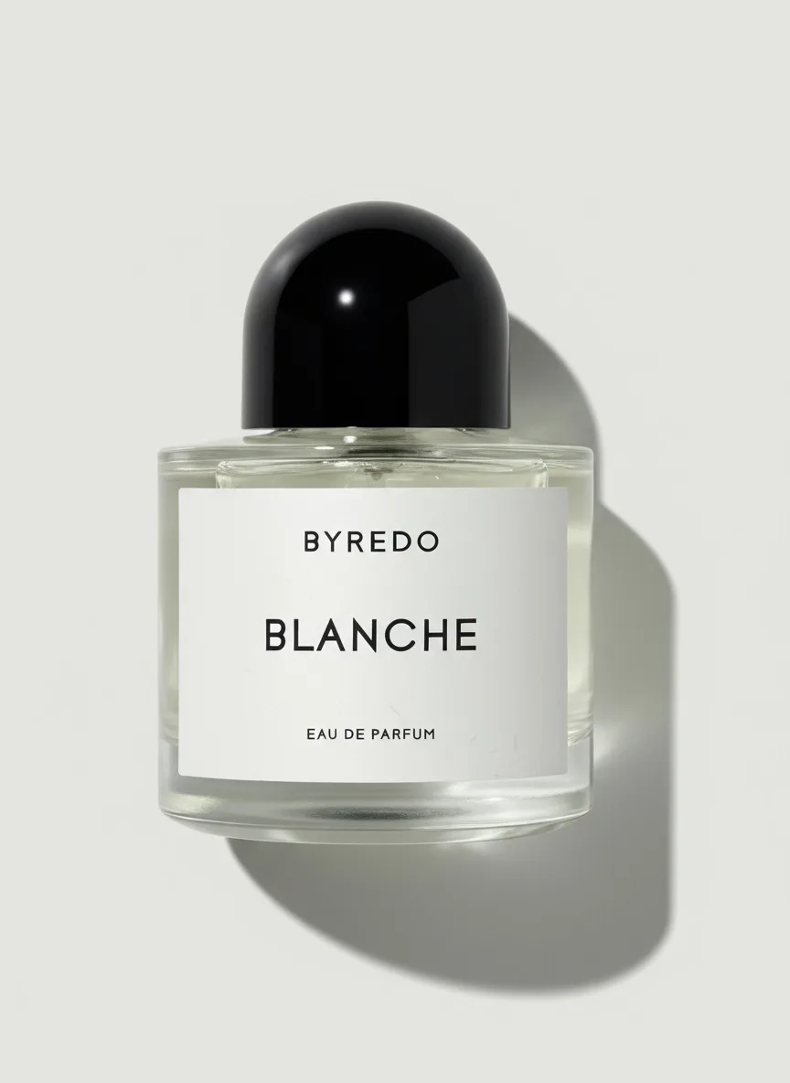 AI image of a Byredo Blanche eau de parfum bottle with black cap casting a shadow on a pale grey surface. Byredo AI Concept.