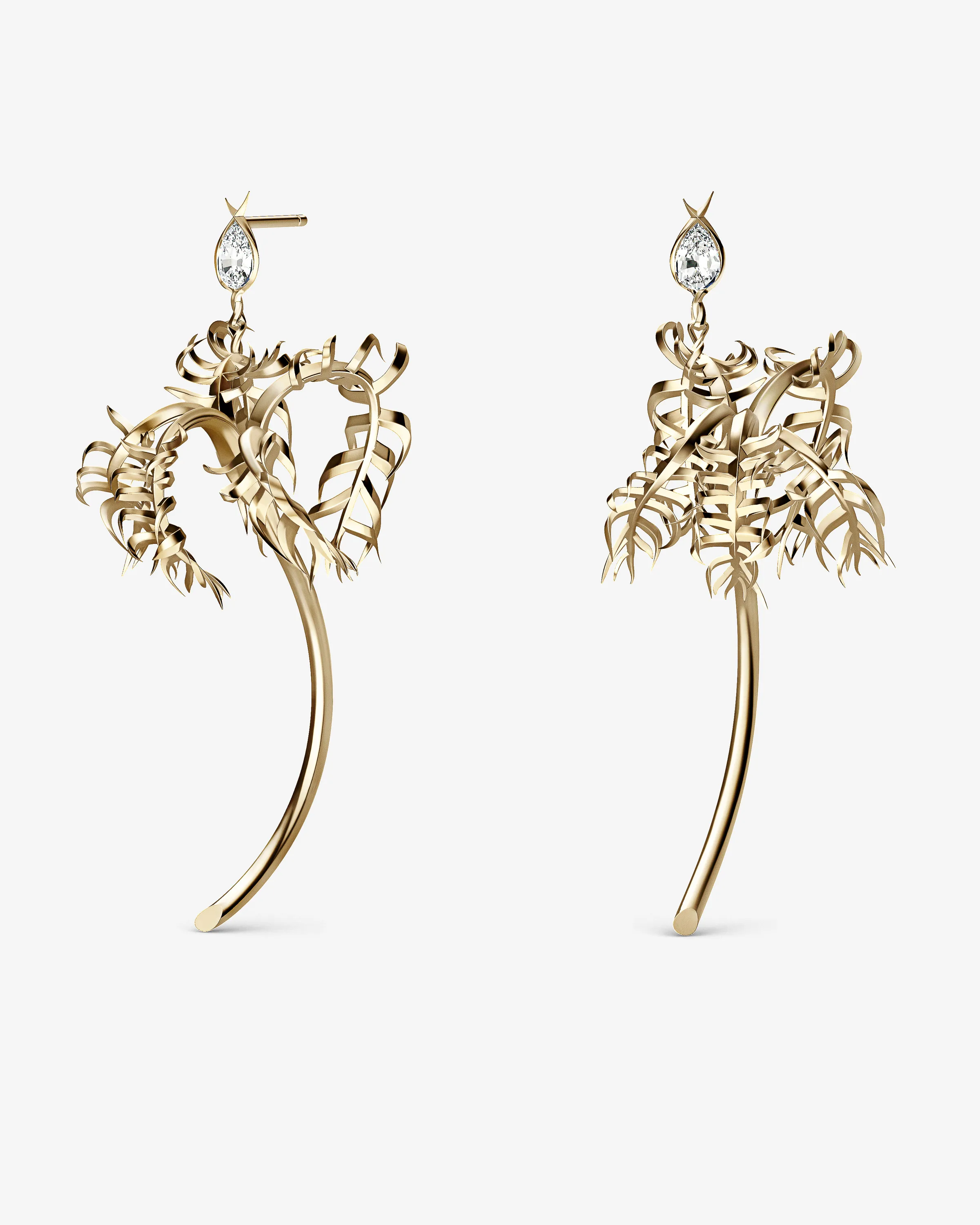CGI render of gold palm tree drop earrings with pear-cut crystal studs on a light grey background, for Eddie Borgo.
