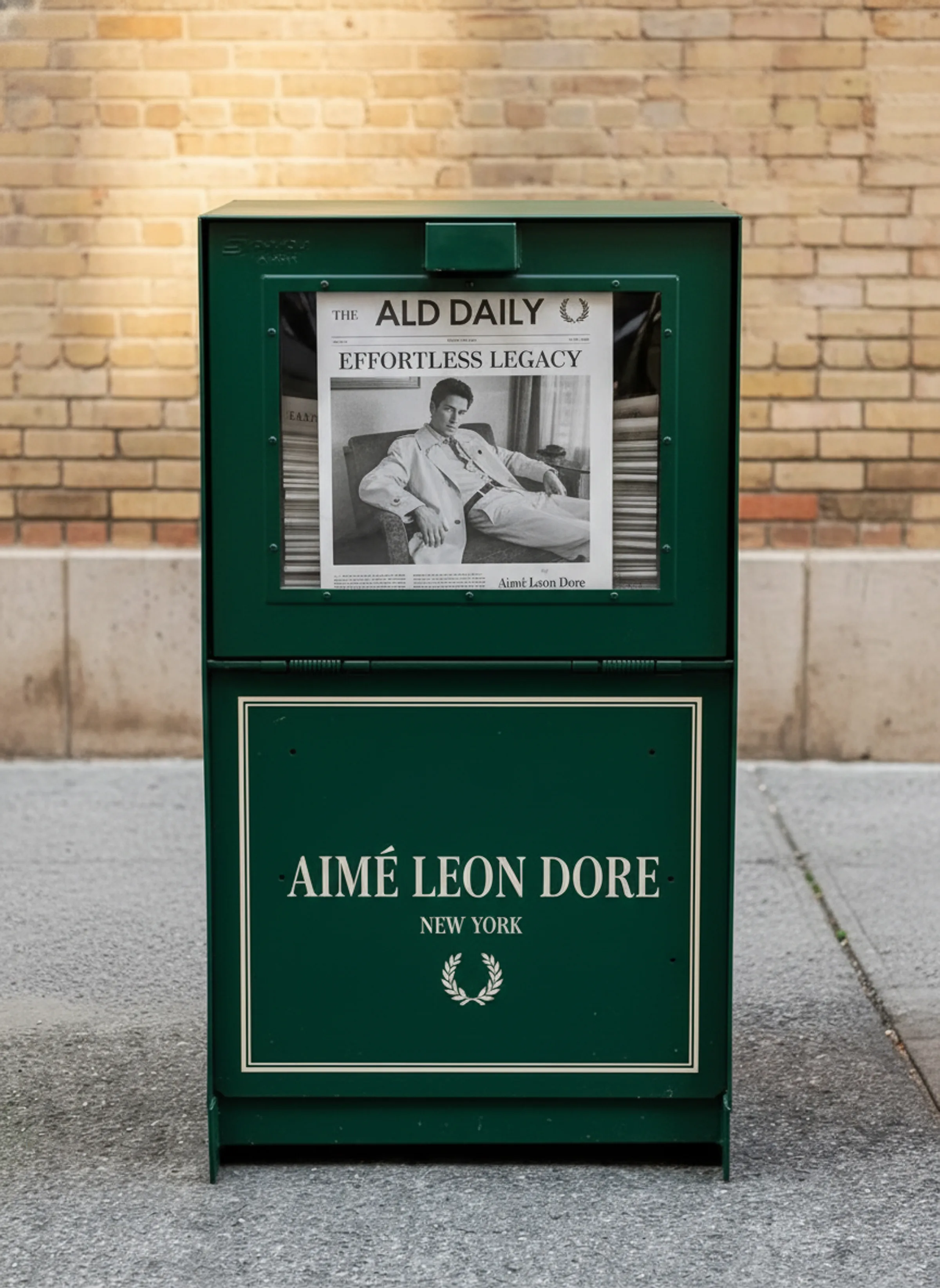 AI image of a green street newspaper box displaying an ALD Daily front page against a brick wall. Aimé Leon Dore AI Concept.