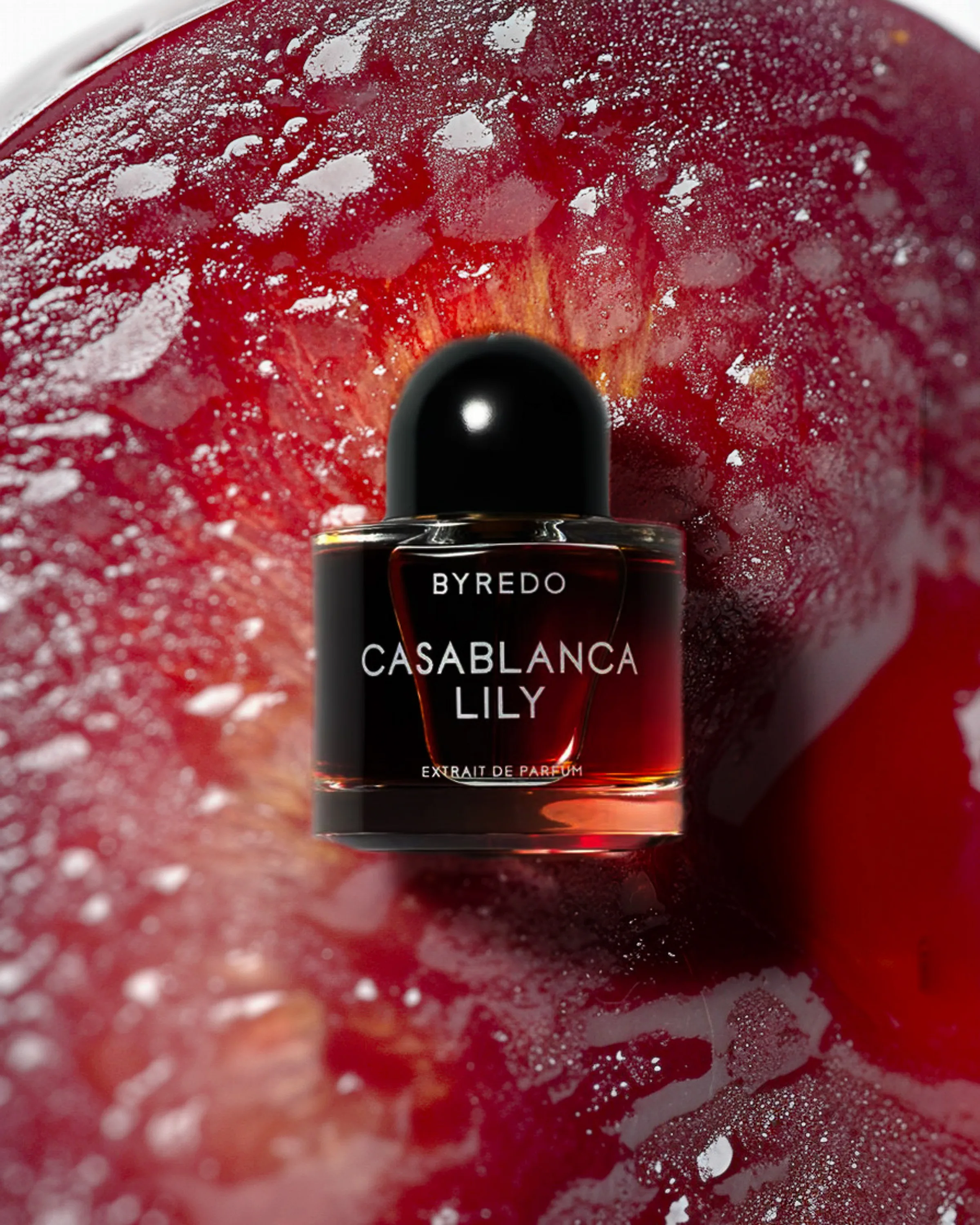 Casablanca Lily extrait de parfum bottle on glistening red fruit flesh with water droplets. Byredo AI Concept.