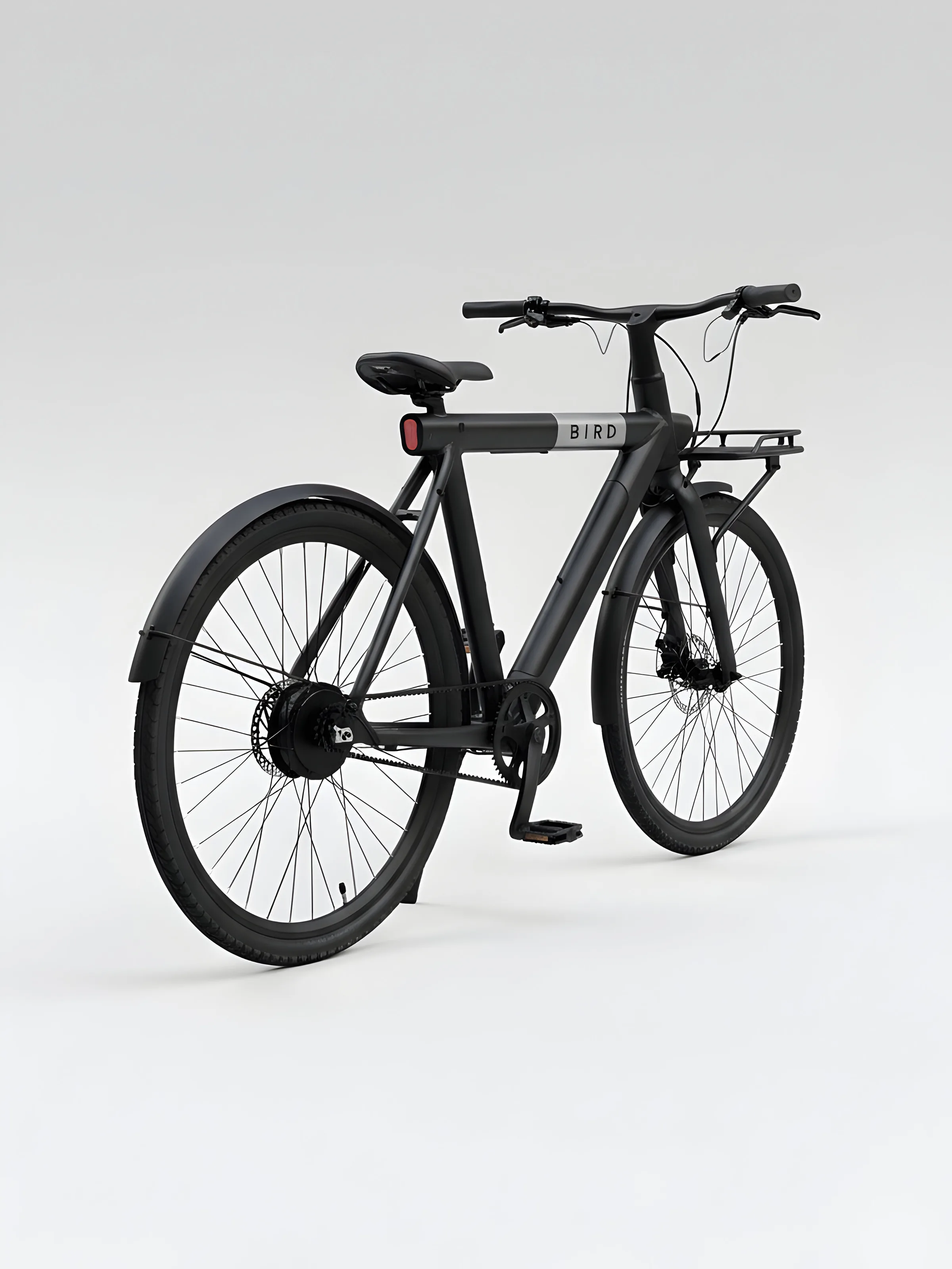 AI image of a matte black electric bike with front rack and fenders, seen from the rear on a grey backdrop. Bird AI Concept.