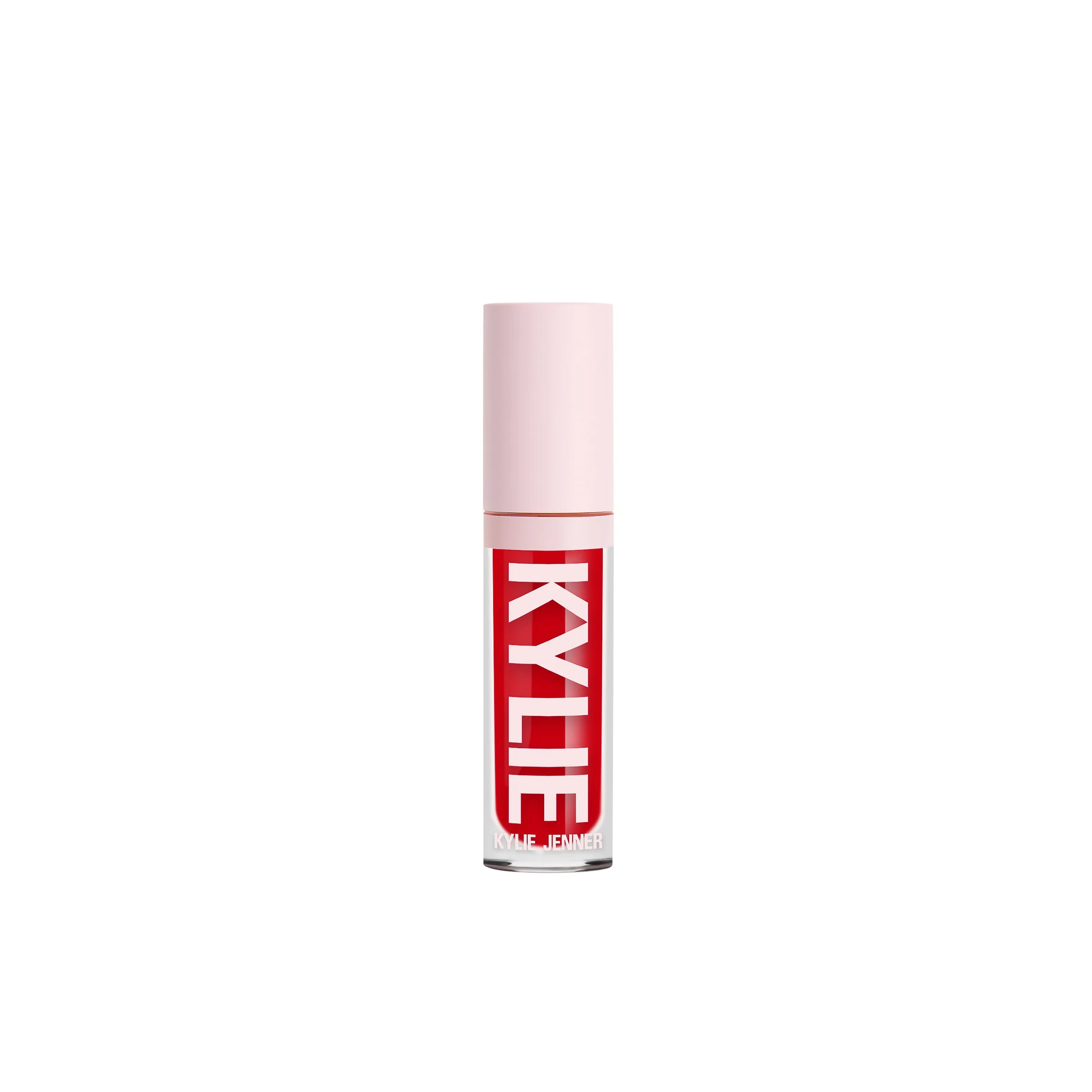 Red lip gloss in a clear tube with pale pink cap and white KYLIE lettering on white, for Kylie Cosmetics.
