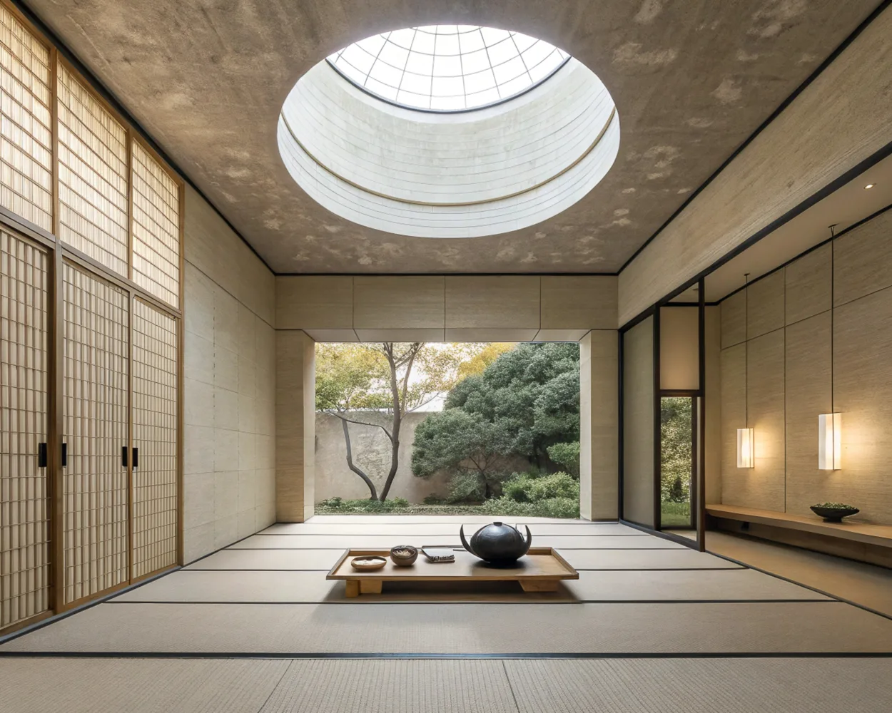 AI image of a Japanese modernist tatami room with a round skylight, low tea table and garden view through an open wall. AI Concept.