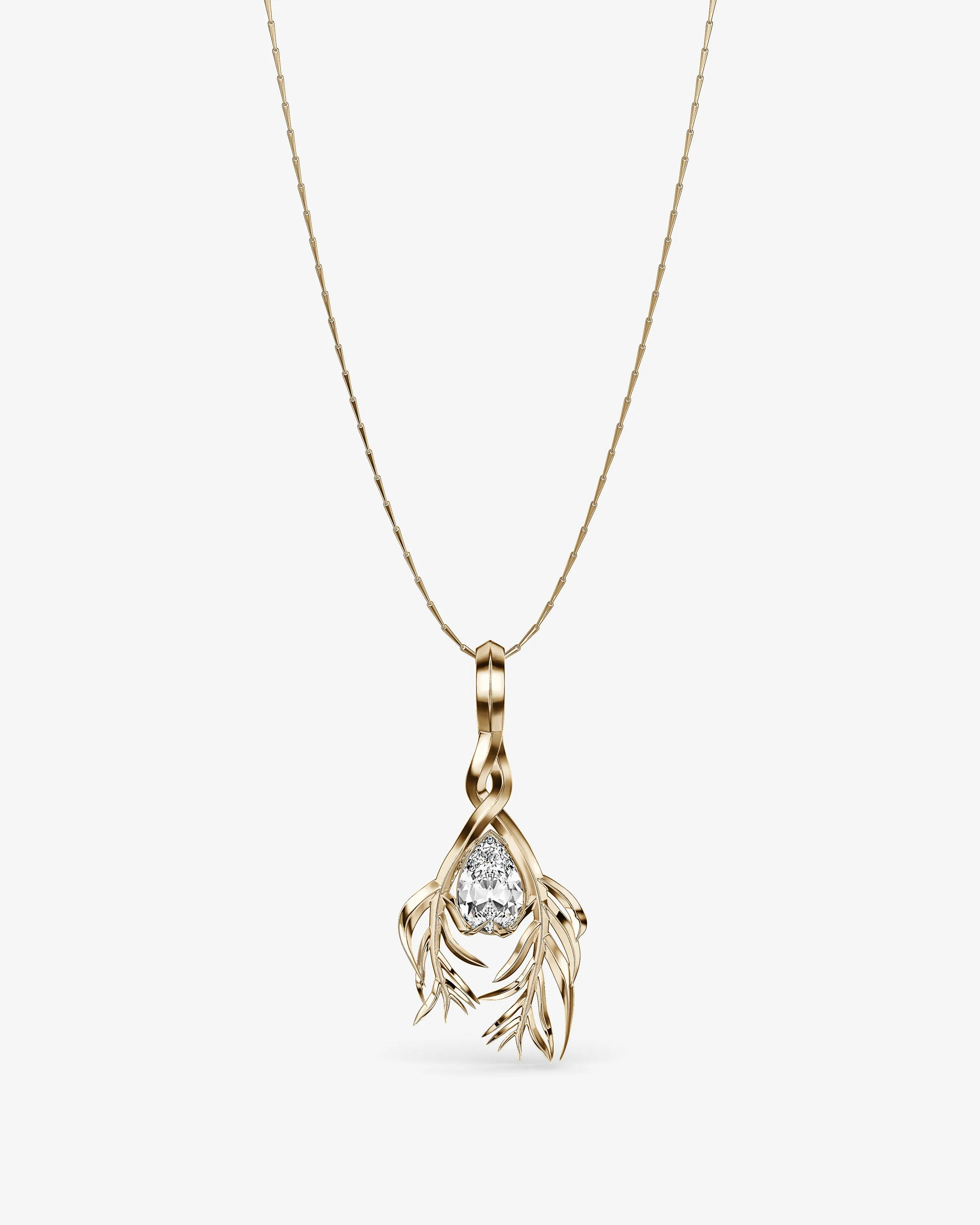 CGI render of a gold pendant necklace with a pear-cut diamond cradled in twisting leaf branches, for Eddie Borgo.