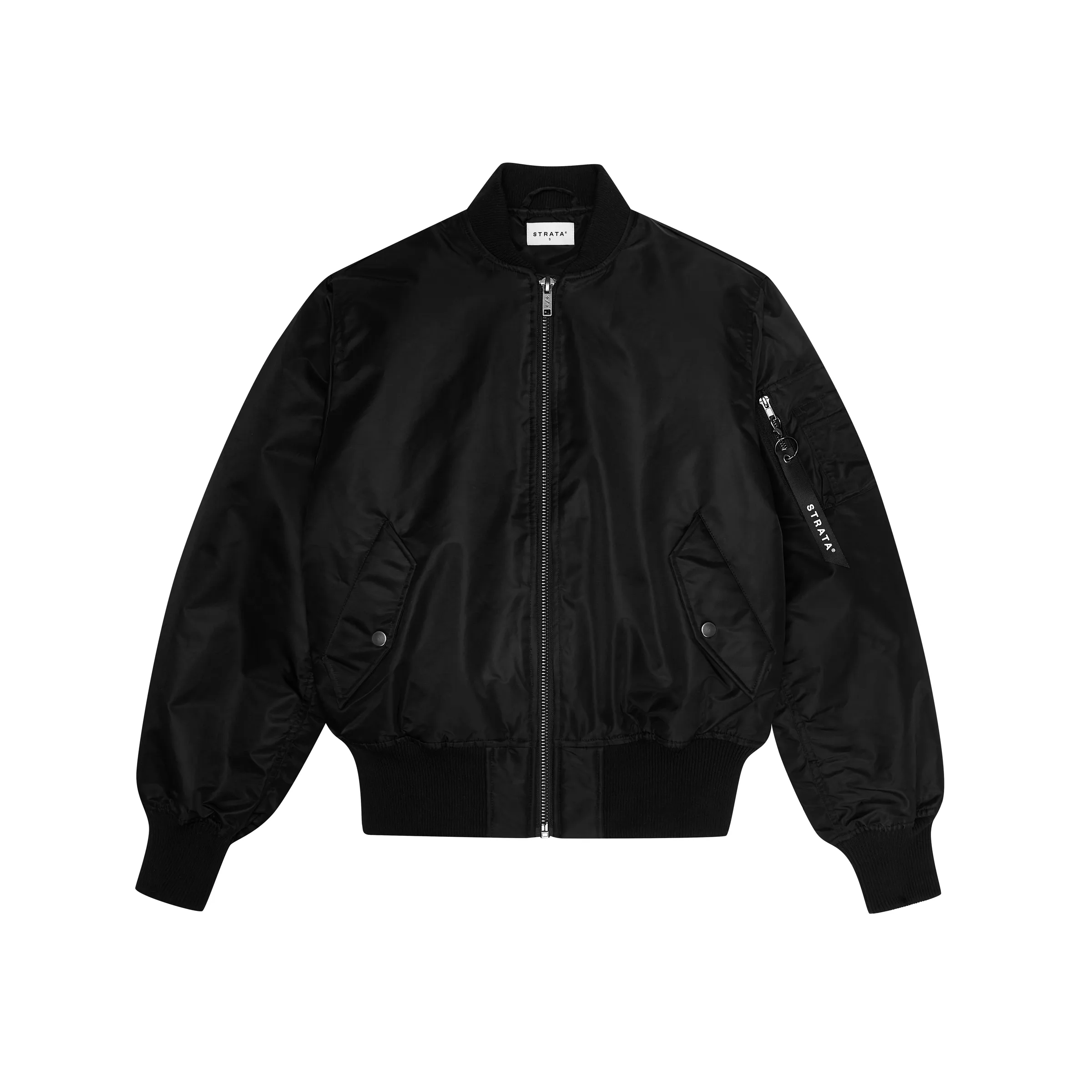 Black nylon bomber jacket with ribbed collar, front zip and sleeve pocket, laid flat on white, for Strata.