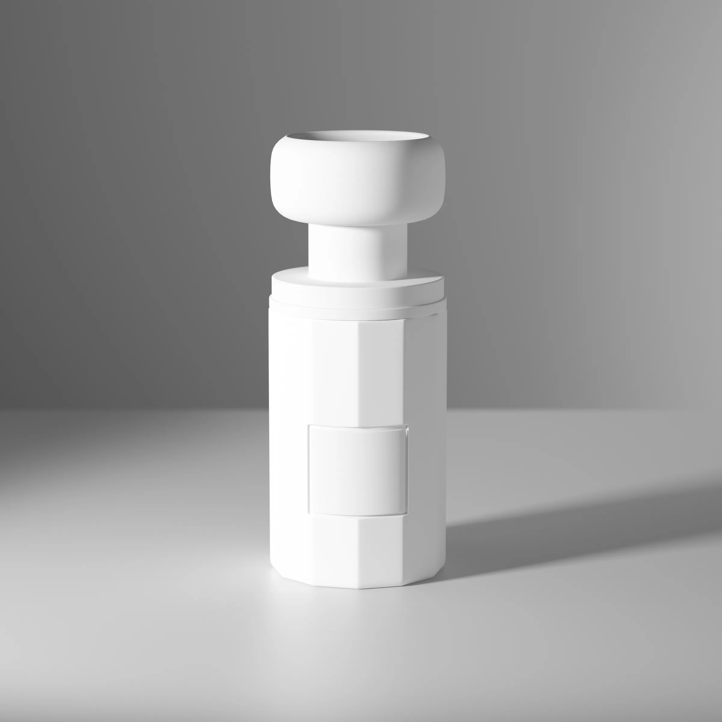 CGI render of a white untextured faceted perfume bottle with a rounded cap on a grey backdrop, for Ormaie.