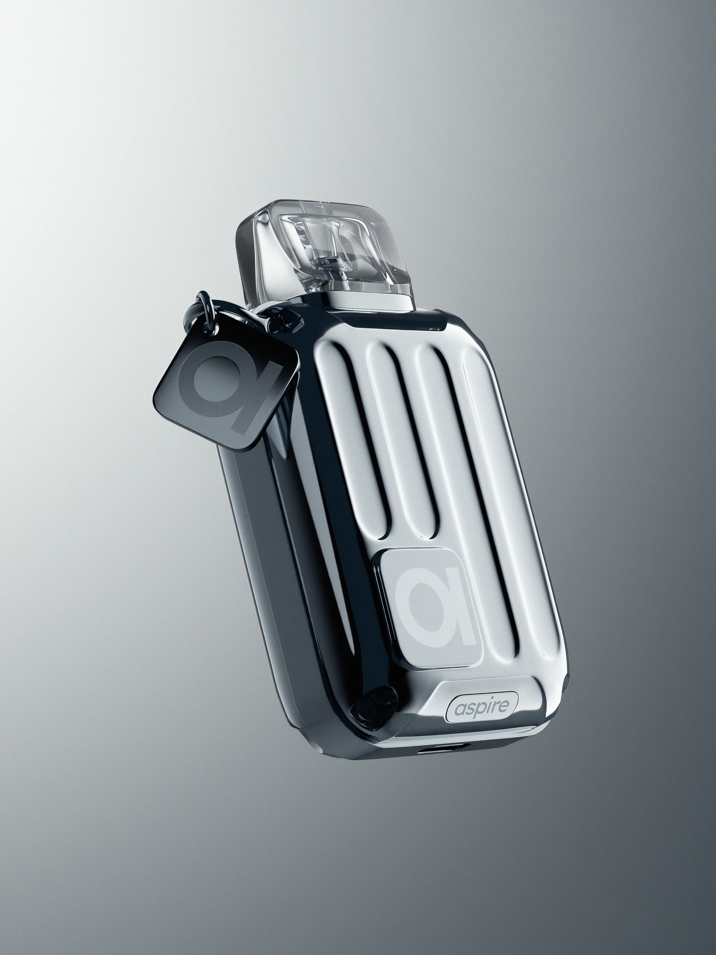CGI render of a chrome ribbed vape device with clear top and square alpha logo tag on a grey gradient, for Aspire.