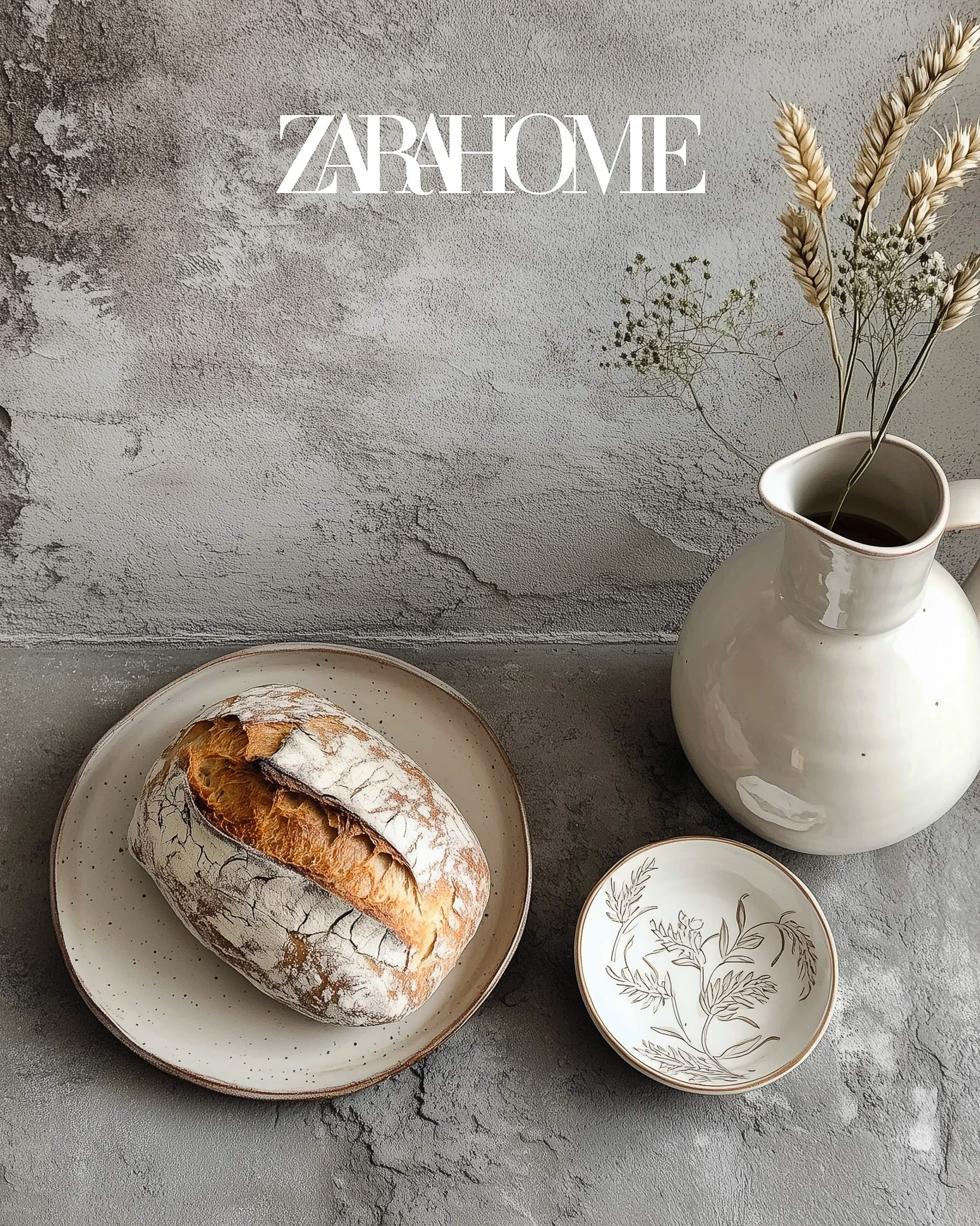 AI image of a sourdough loaf on a speckled plate beside a cream pitcher with dried wheat on grey stone. Zara Home AI Concept.