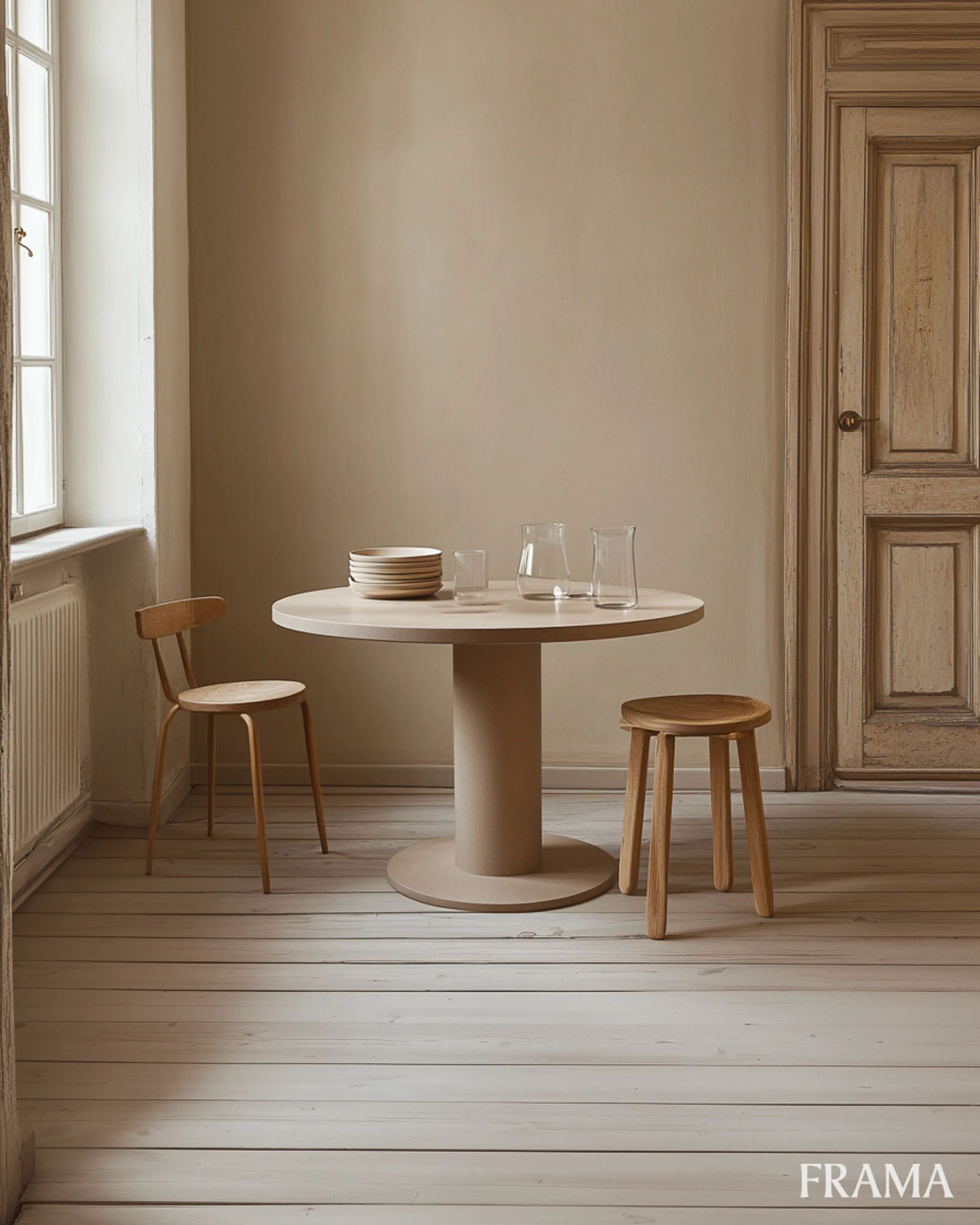 AI image of a round pedestal table with plates and glass carafes, a wooden chair and stool in a pale room. Frama AI Concept.