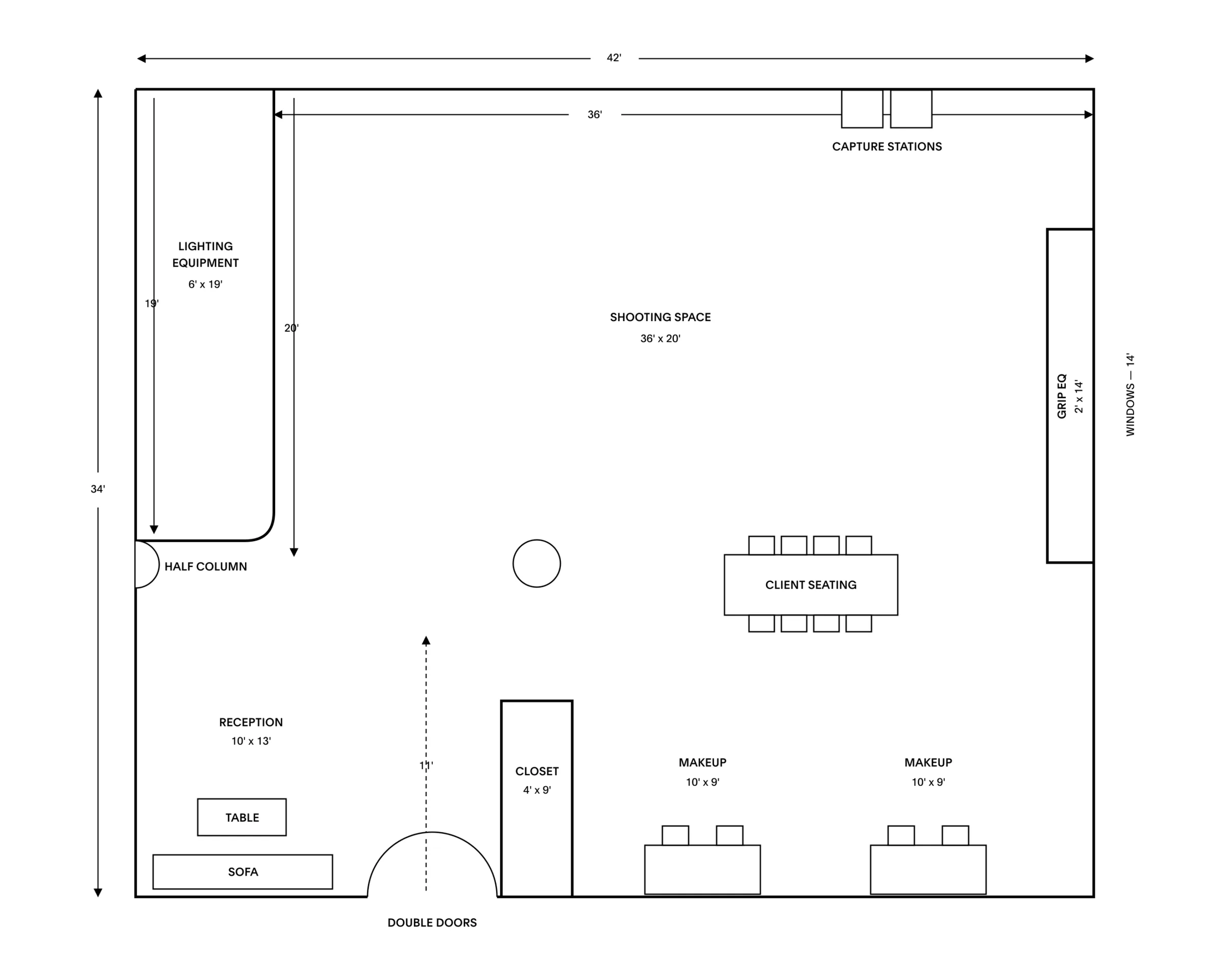 Floor plan of Studio 1 in Long Island City, a 42' x 34' space with 36' x 20' shooting area, makeup stations and reception.