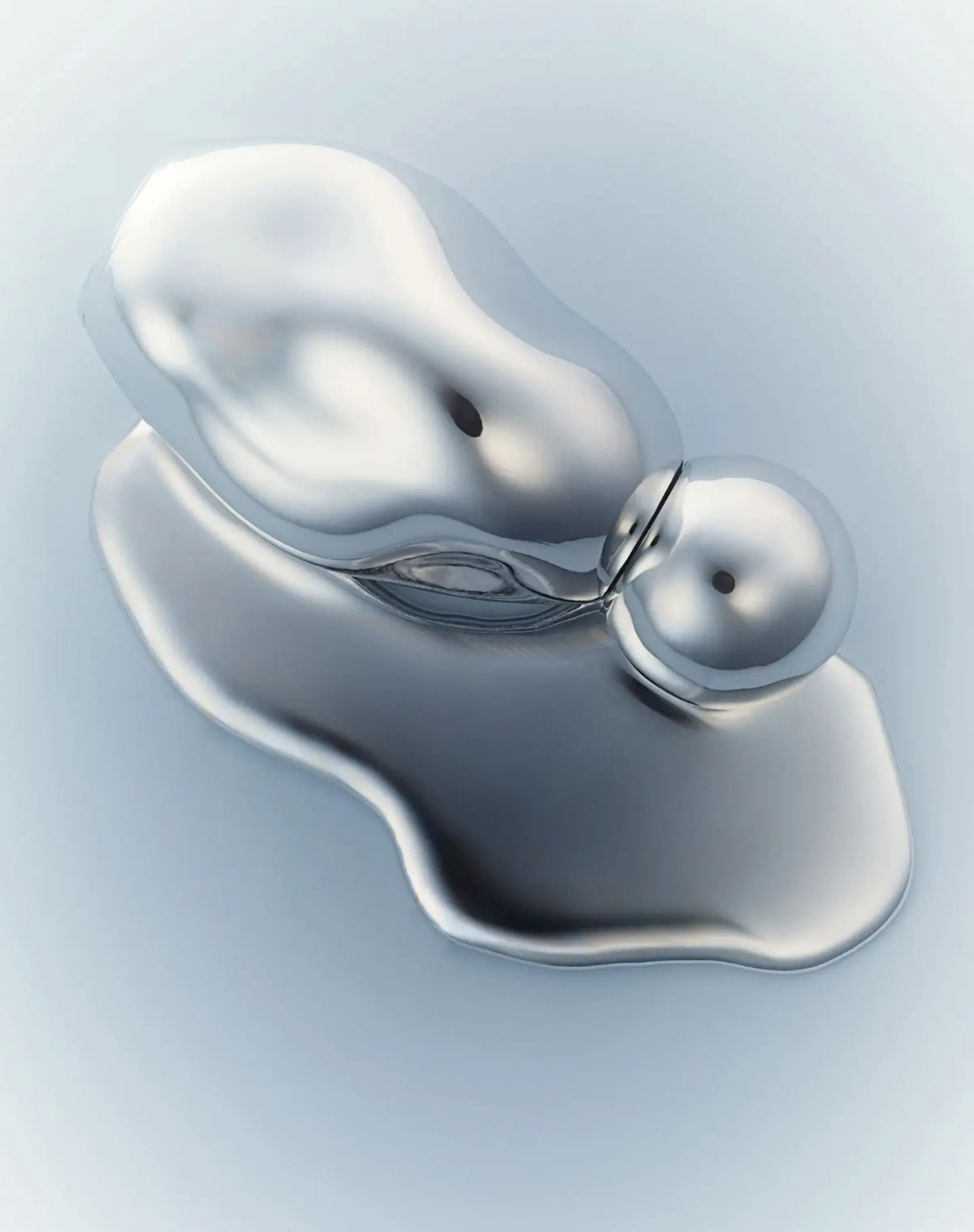 CGI render of a chrome blob-shaped perfume bottle resting in a liquid metal puddle on pale blue, for Kylie Cosmetics.