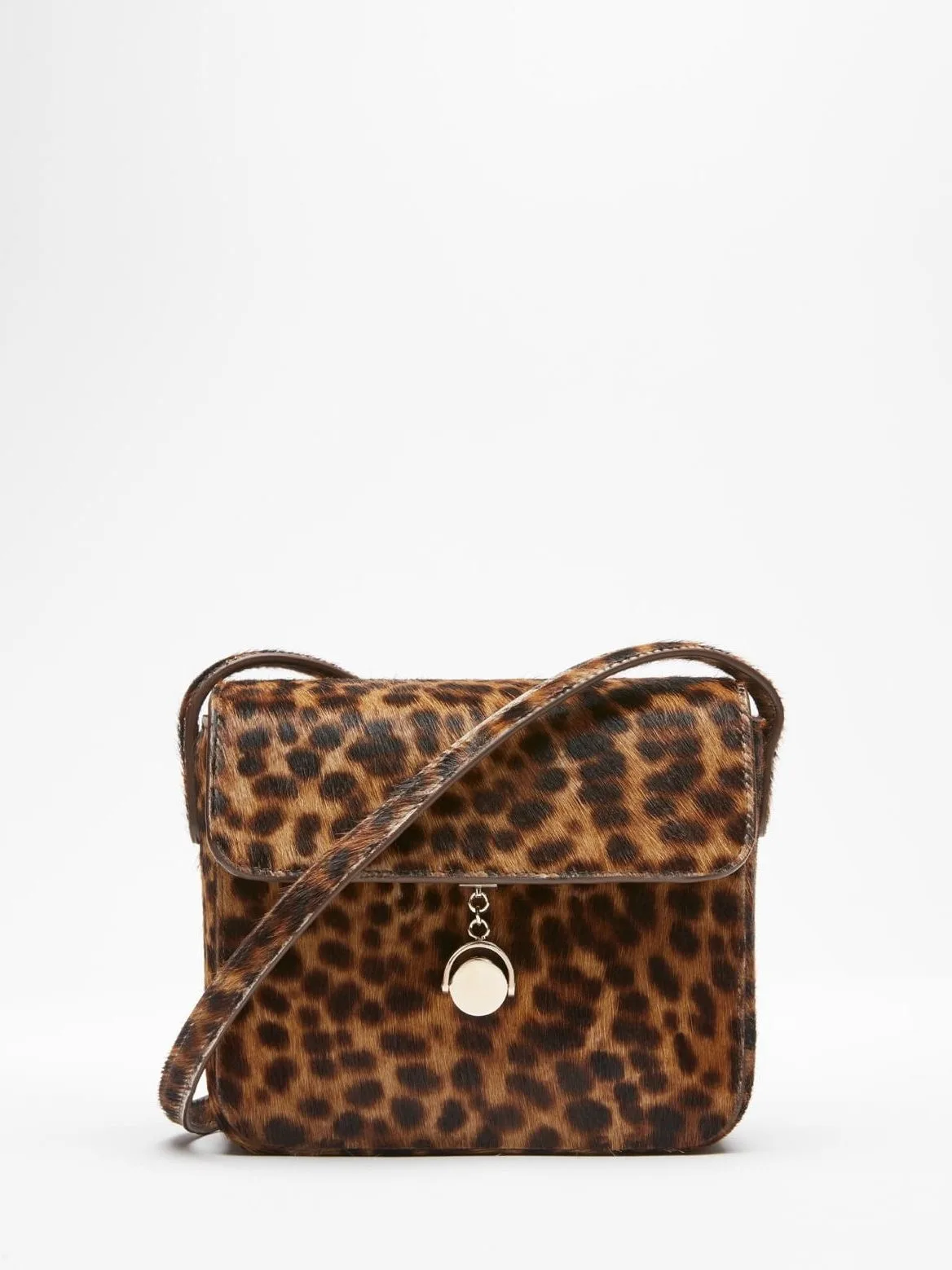 Leopard-print calf hair crossbody bag with gold round clasp and thin strap on a white background, for Co Collections.