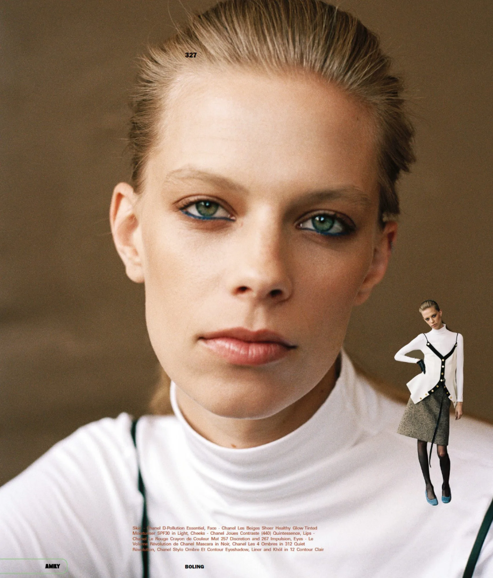 Magazine page with close-up portrait of a blonde model in a white turtleneck, plus a full-length inset, for Marfa Journal.