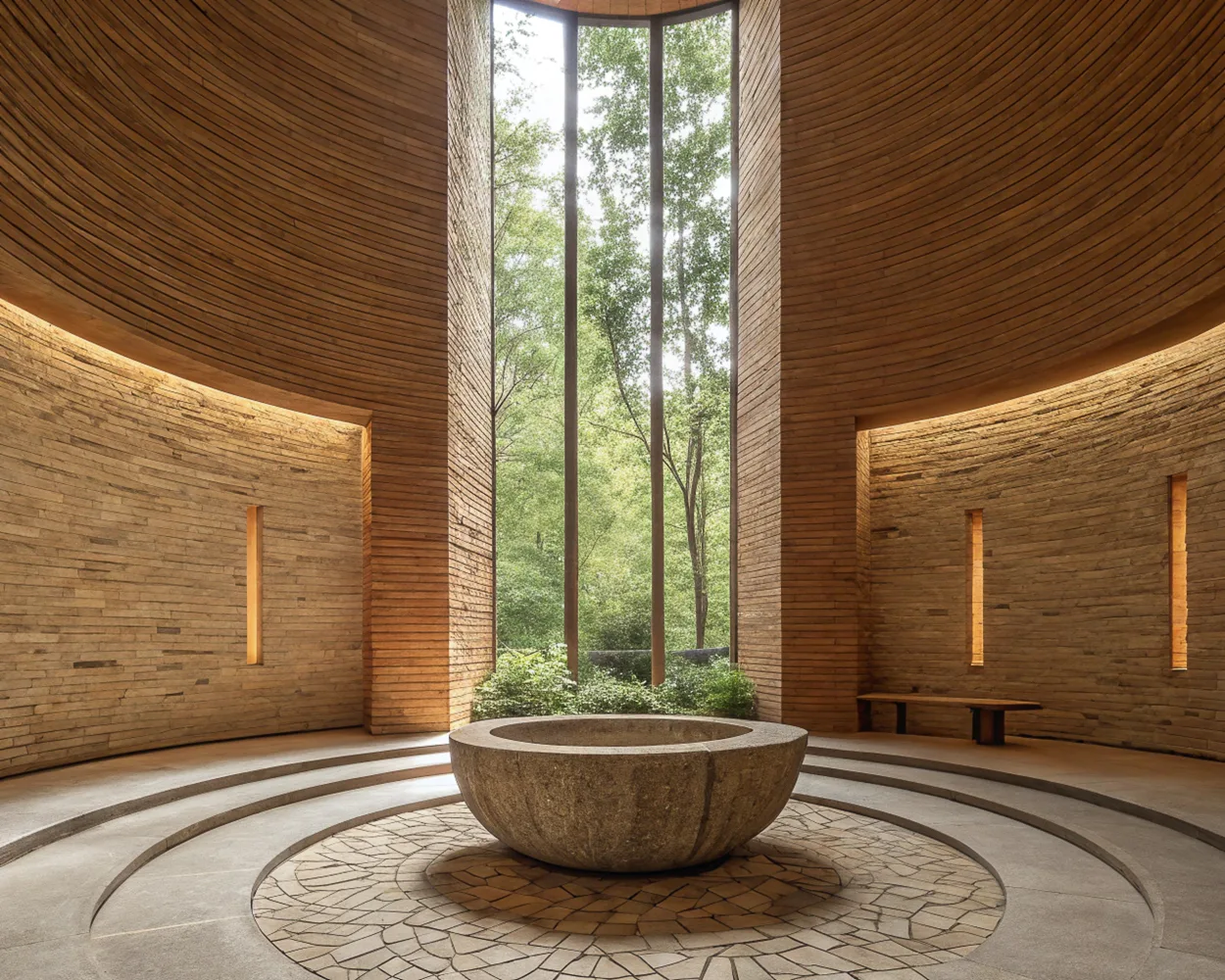 AI image of a circular brick chapel with a stone basin on a mosaic floor and a tall window onto green trees. AI Concept.
