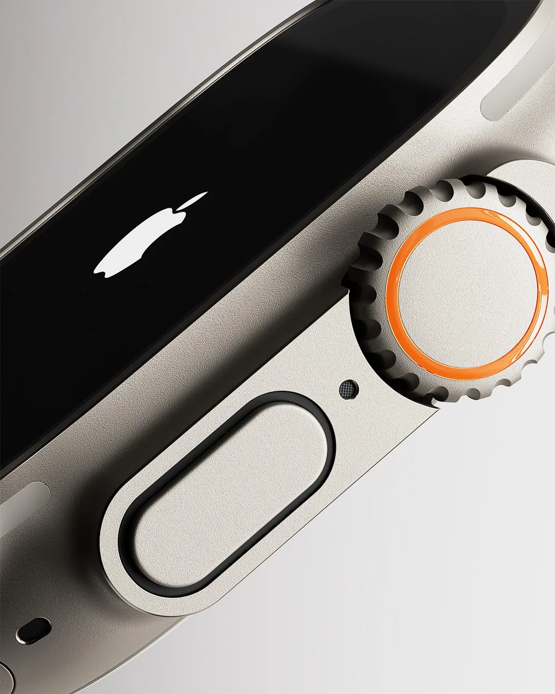 CGI render of a titanium Apple Watch Ultra close-up with orange-ringed digital crown and side button, for Apple.