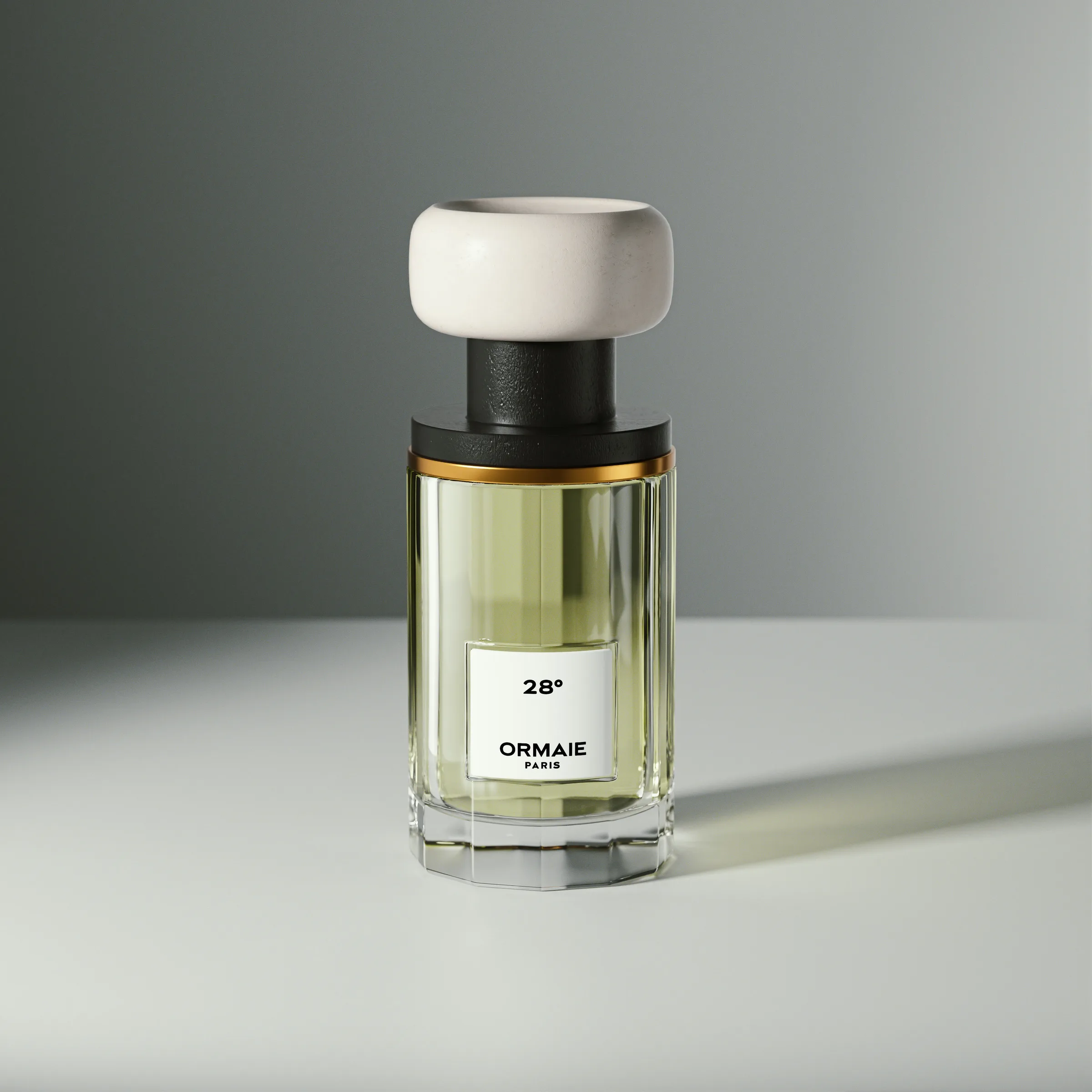 CGI render of a faceted glass 28° perfume bottle with a white stone cap on a grey surface in soft side light, for Ormaie.