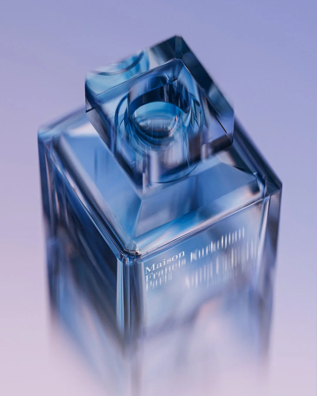 CGI render of a clear blue glass perfume bottle with square stopper on a lilac gradient, for Maison Francis Kurkdjian.