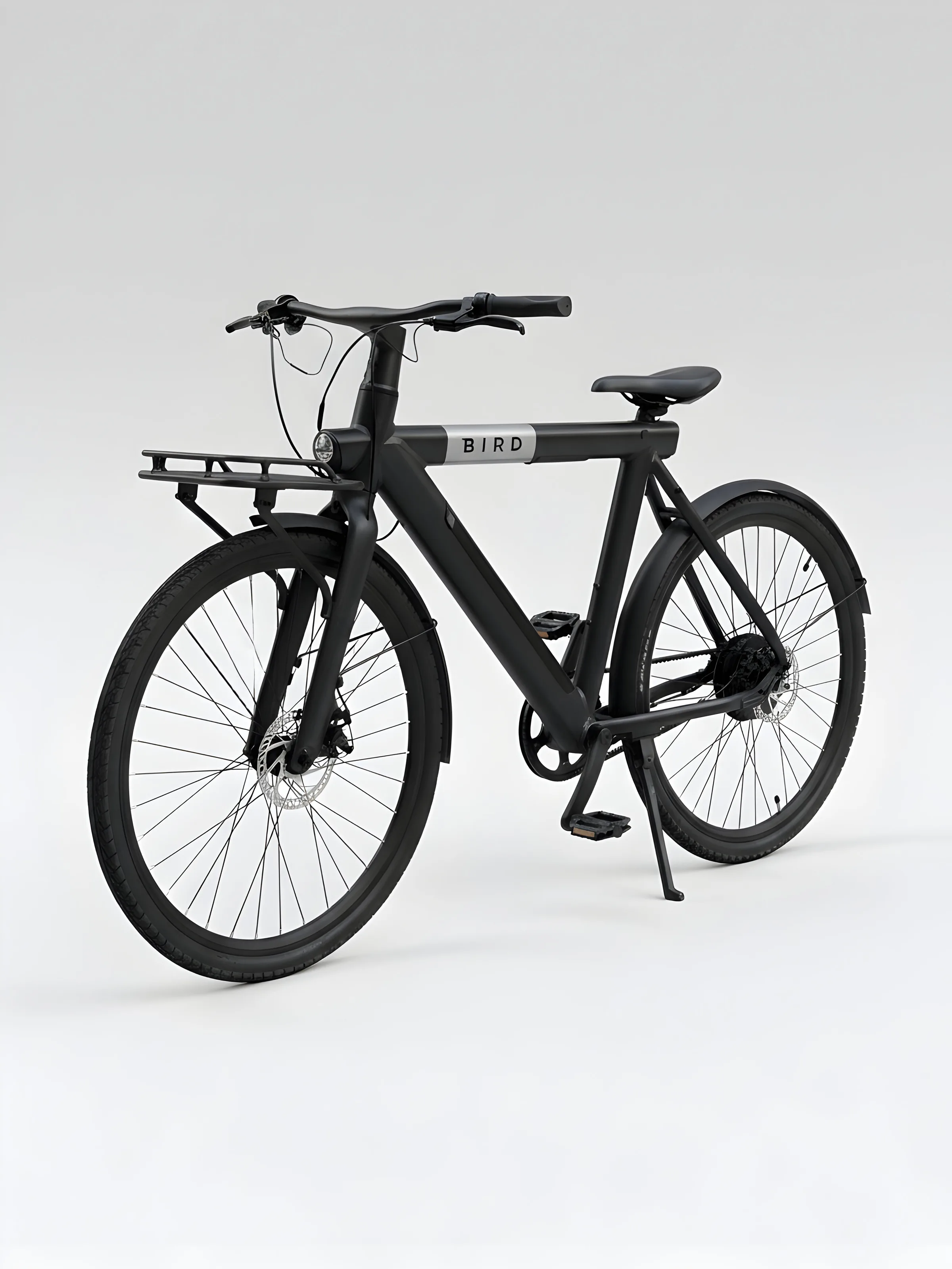 AI image of a matte black electric bike with front cargo rack and disc brakes on a light grey backdrop. Bird AI Concept.