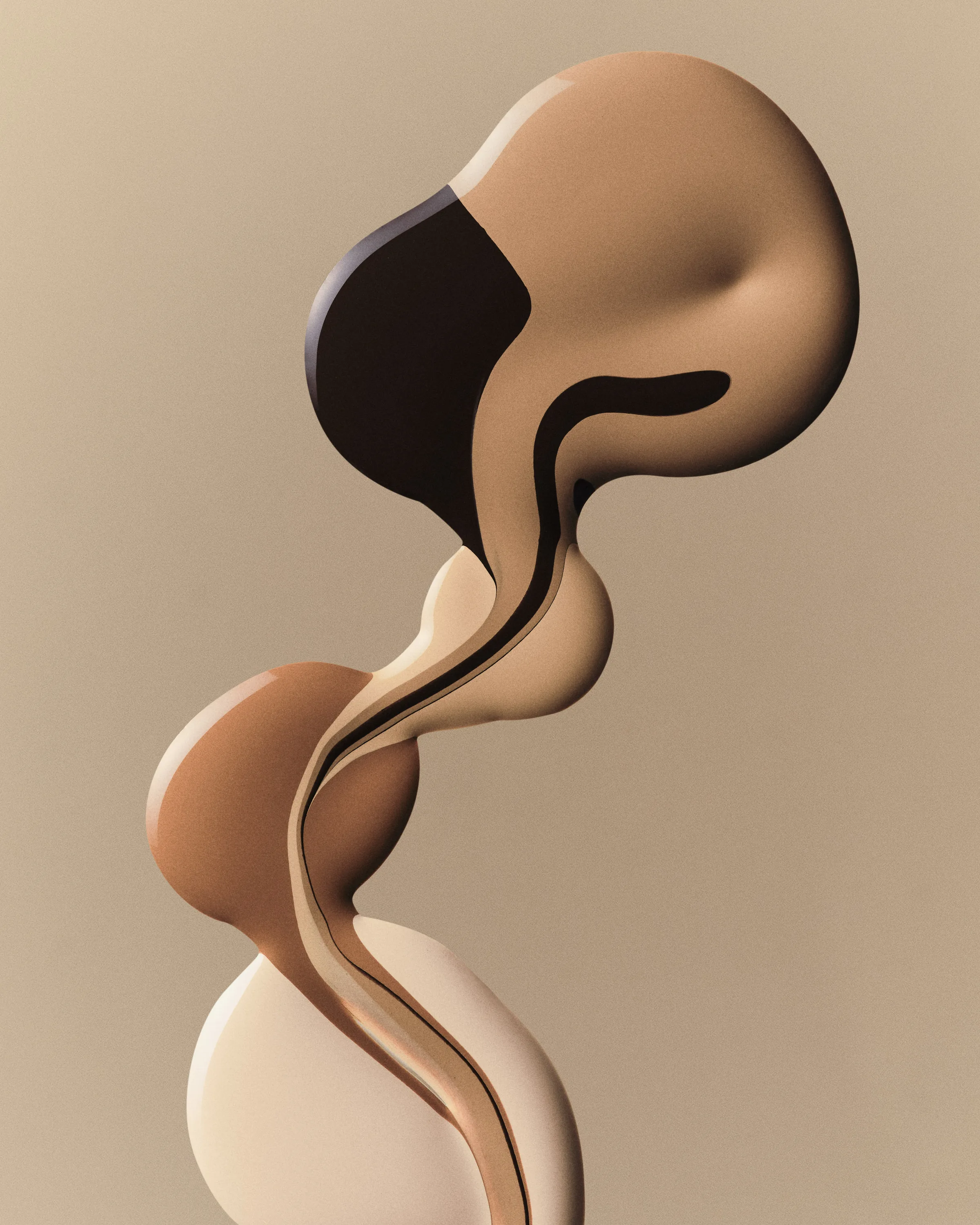 CGI render of swirling foundation shades from ivory to deep brown forming a fluid sculpture on beige, for Kylie Cosmetics.