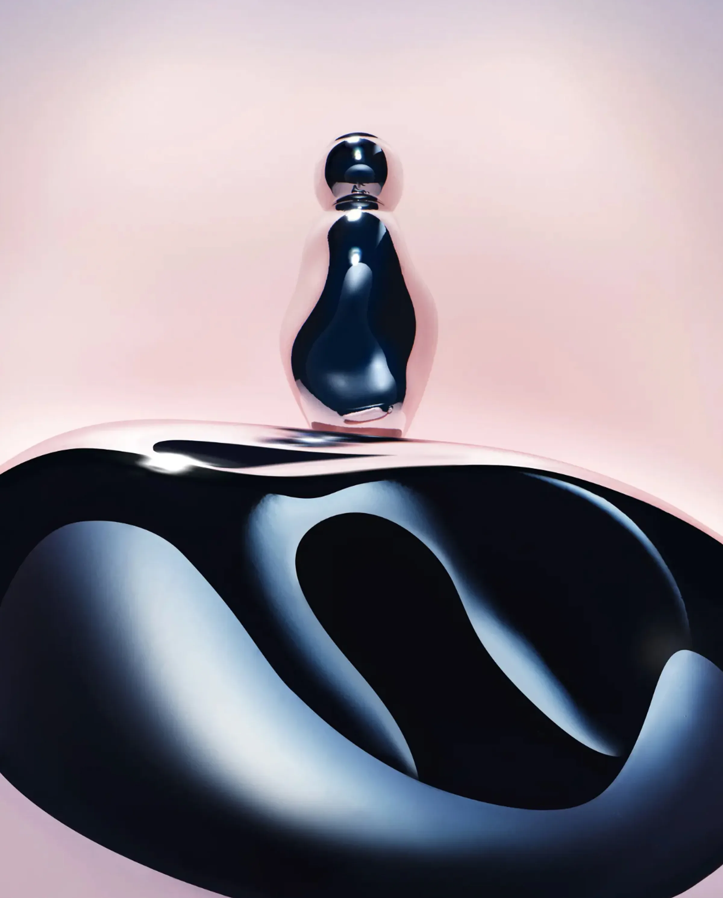 CGI render of a chrome perfume bottle on a glossy navy liquid form against a soft pink backdrop, for Kylie Cosmetics.