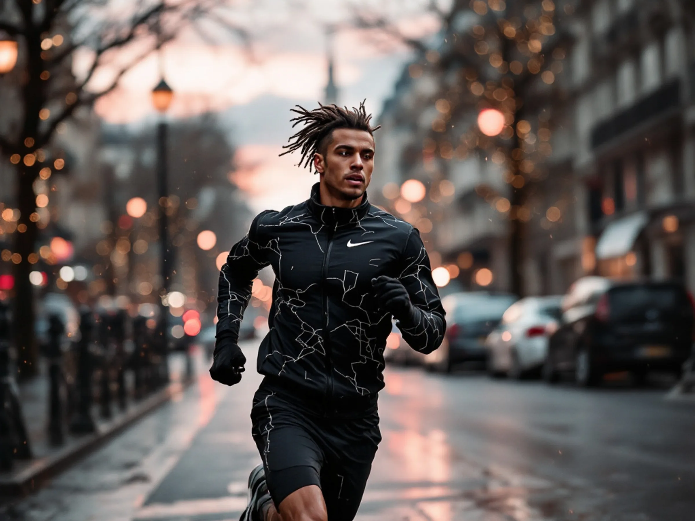 AI image of a runner in a black patterned Nike jacket sprinting down a wet, lamp-lit city street at dusk. Nike AI Concept.