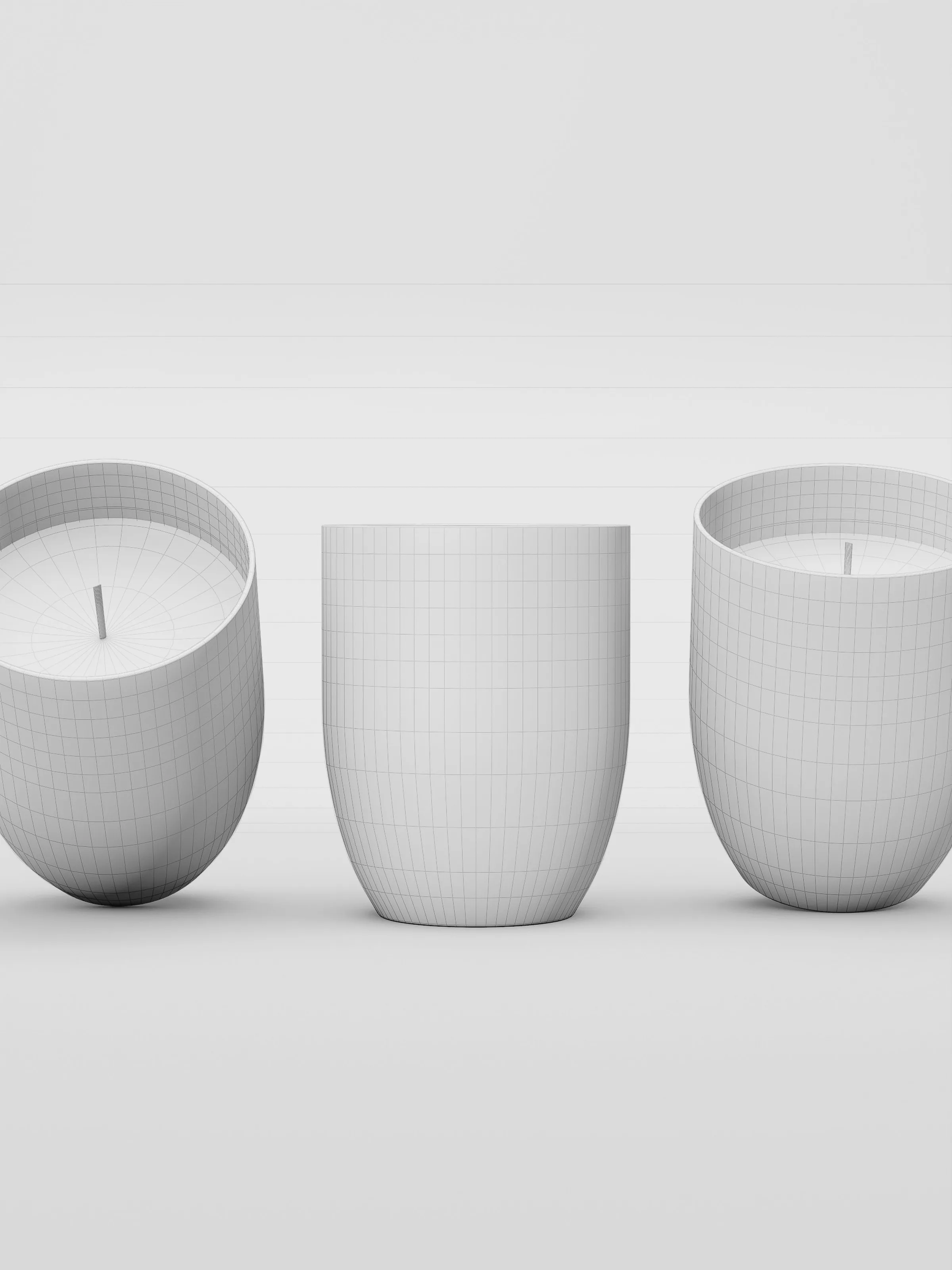 CGI wireframe render of three white candle vessels with wicks on a pale grey background, for Aesop.