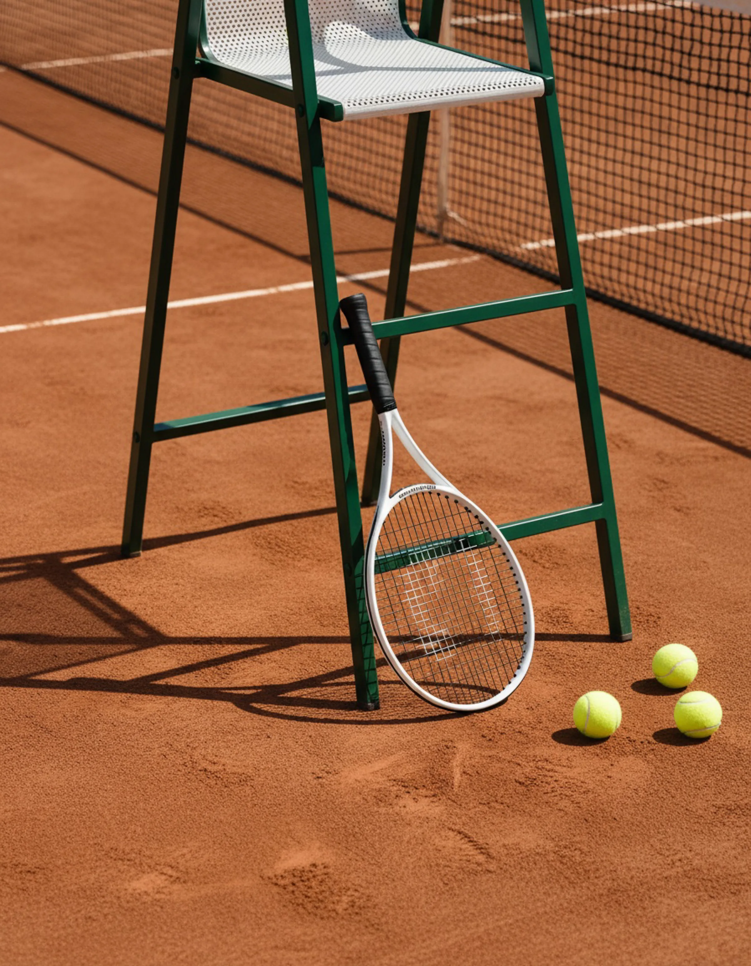 AI image of a white tennis racket leaning on a green umpire chair with three balls on a clay court. Sporty & Rich AI Concept.