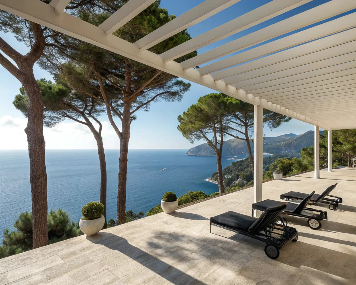 AI image of a stone terrace under a white pergola with black loungers and pine trees overlooking a blue sea coast. AI Concept.