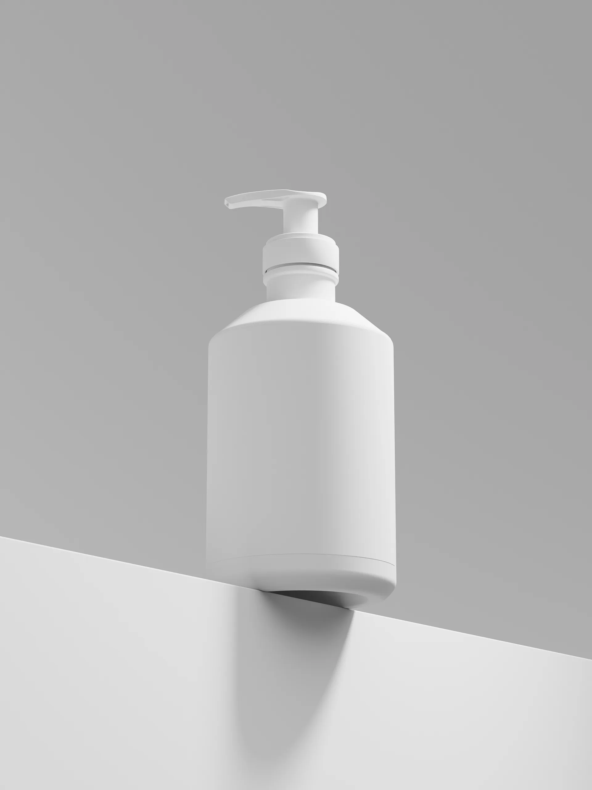 CGI render of a matte white pump bottle perched on the edge of a white ledge against a grey wall, for Loewe.